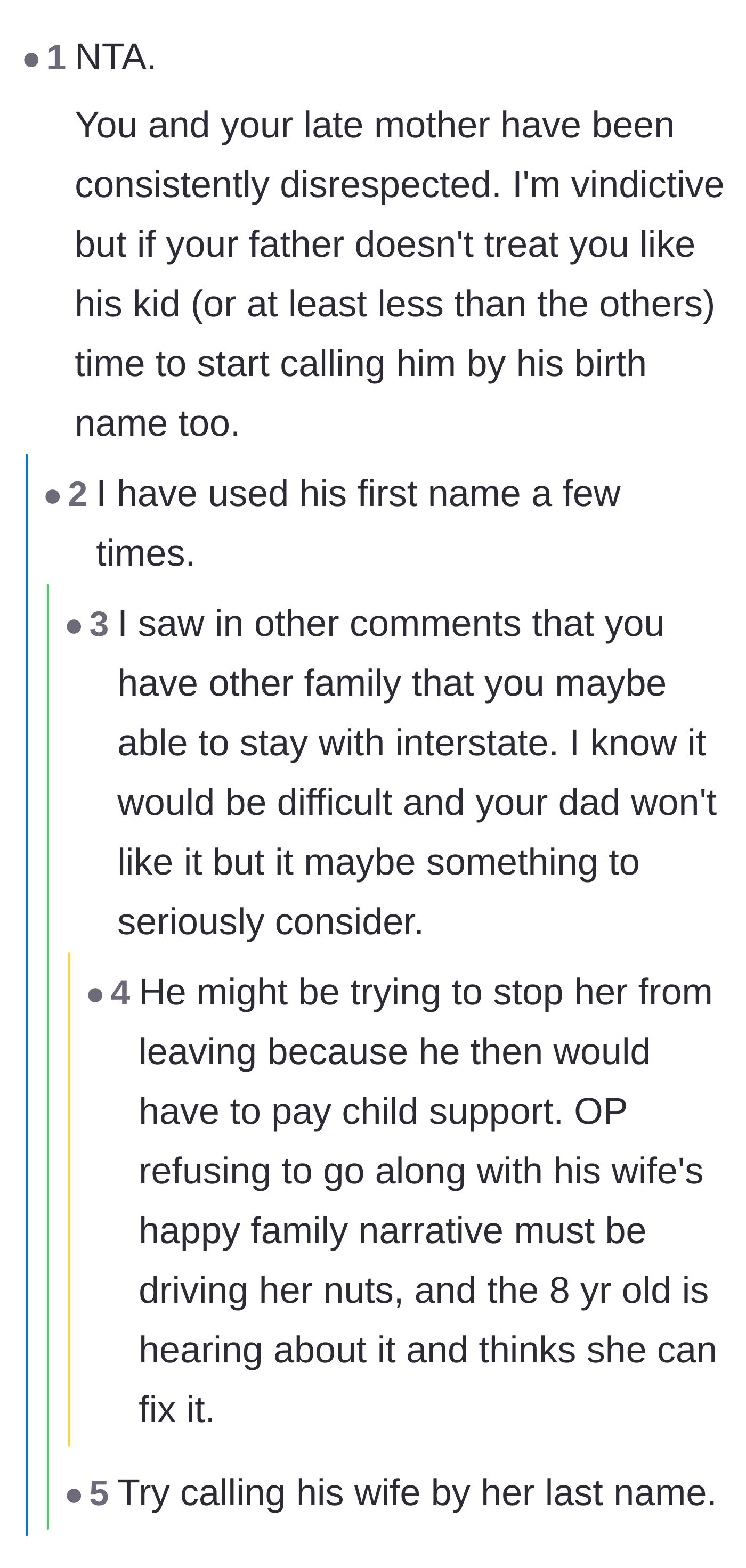 Comment thread 4 - Commenters suggest calling the dad by his first name or the stepmom by her last name to reinforce the lack of a parental bond.