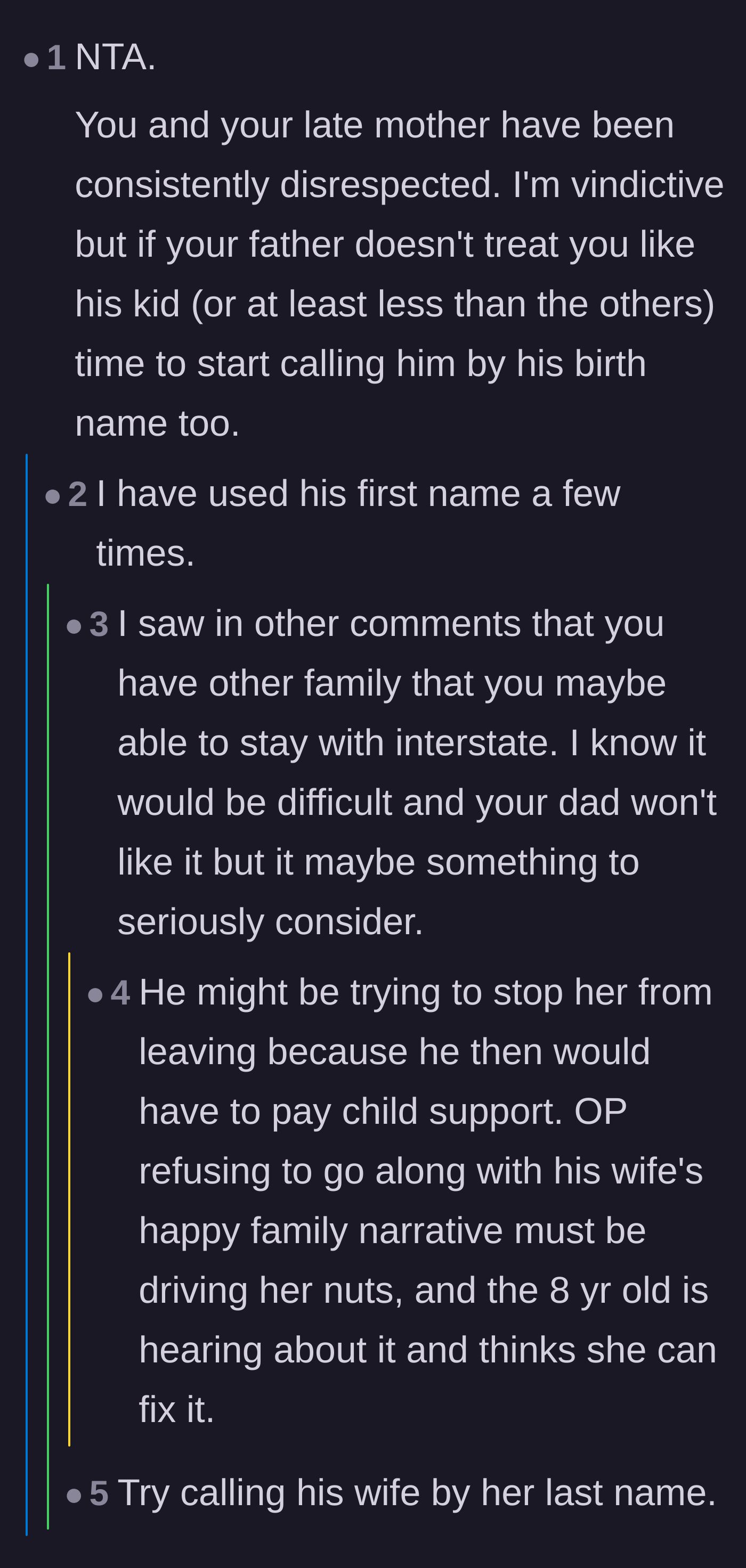 Comment thread 4 - Commenters suggest calling the dad by his first name or the stepmom by her last name to reinforce the lack of a parental bond.