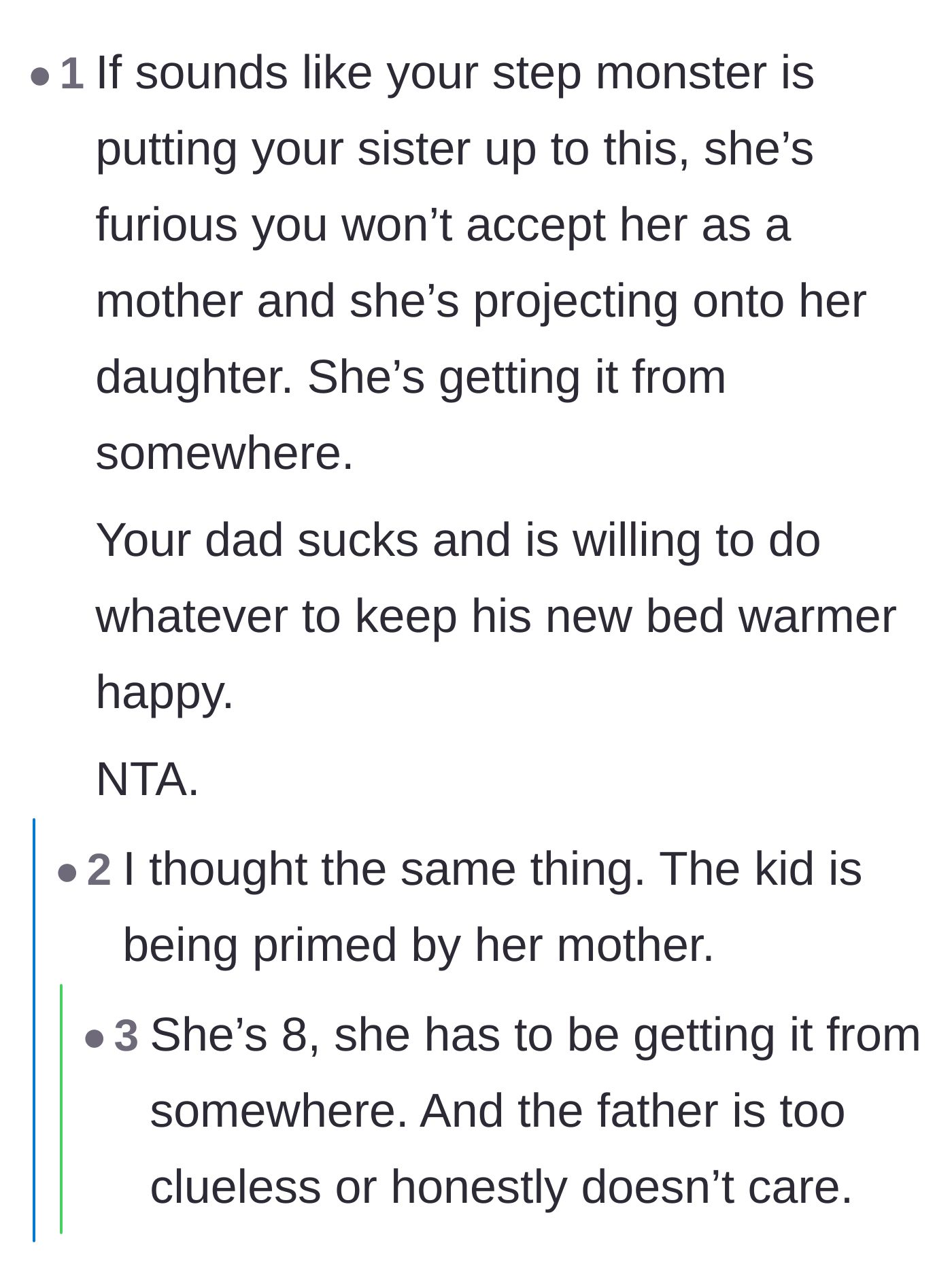 Comment thread 6 - Readers speculate that the stepmother is actively coaching the eight-year-old to erase the teenager's late mother.