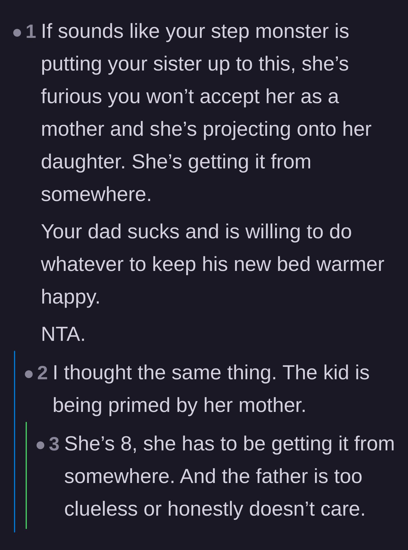 Comment thread 6 - Readers speculate that the stepmother is actively coaching the eight-year-old to erase the teenager's late mother.