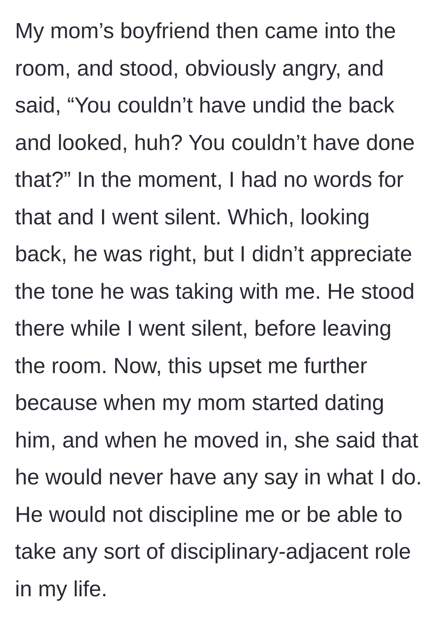 Story part 4 - The boyfriend angrily scolds the girl, breaking the mother's promise that he wouldn't discipline her.