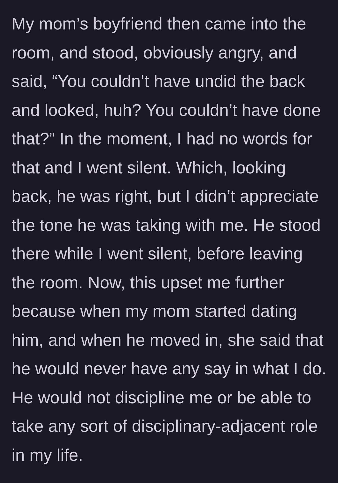 Story part 4 - The boyfriend angrily scolds the girl, breaking the mother's promise that he wouldn't discipline her.