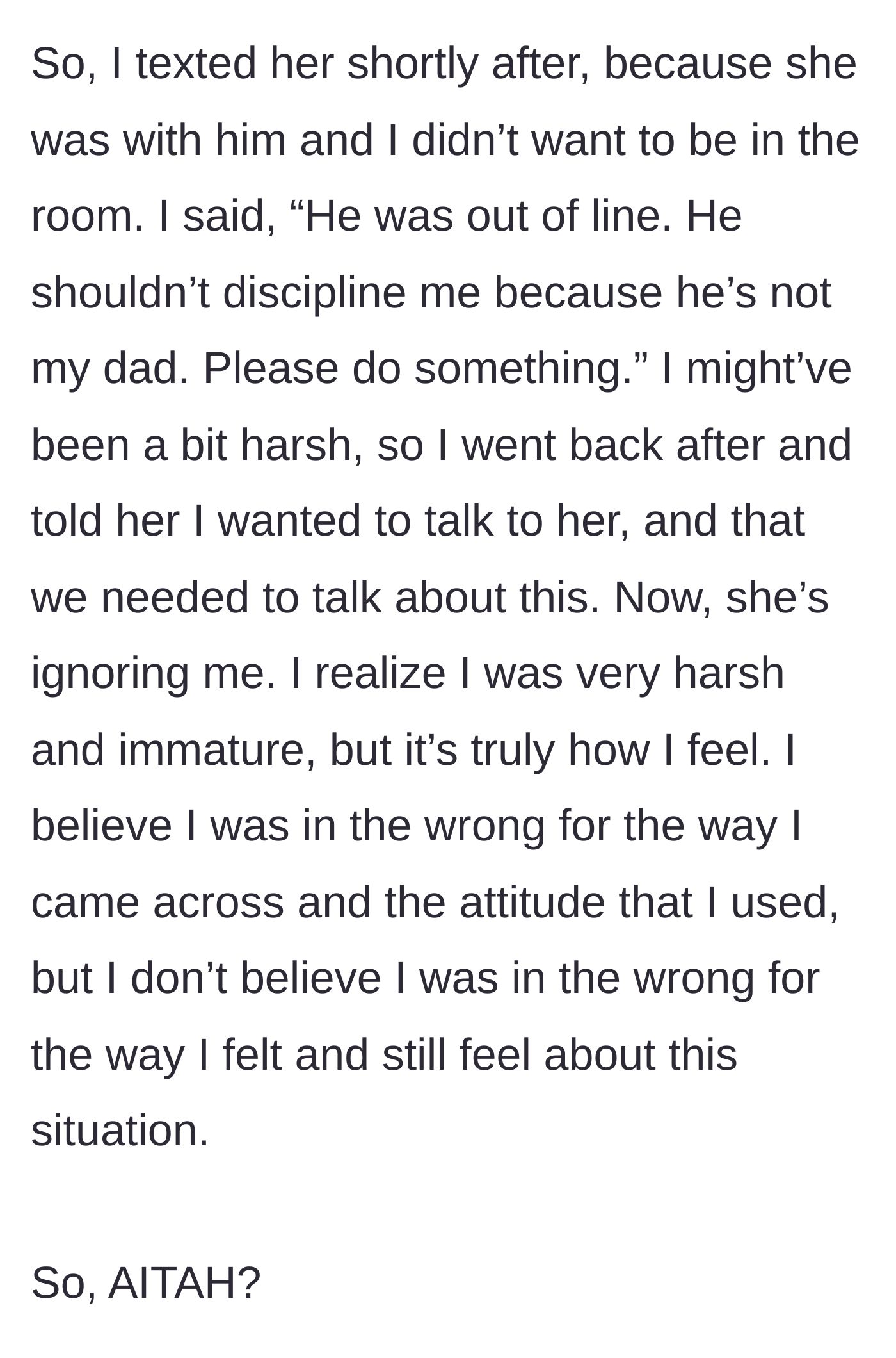 Story part 5 - The girl texts her mom asking for support and reminding her he isn't her dad, but her mom ignores her.