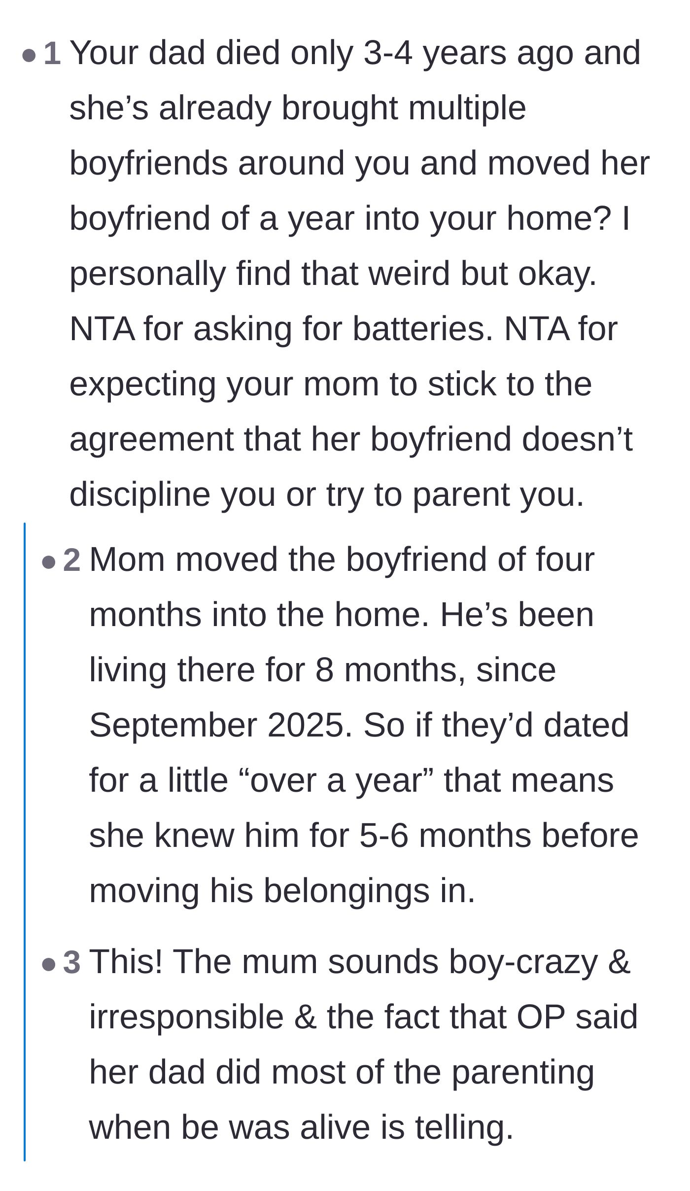Comment thread 1 - Readers criticizing the mother's timeline for moving a new boyfriend into the house so soon.