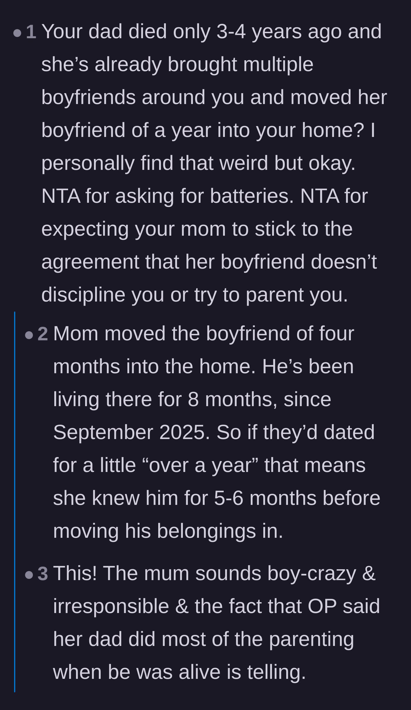 Comment thread 1 - Readers criticizing the mother's timeline for moving a new boyfriend into the house so soon.
