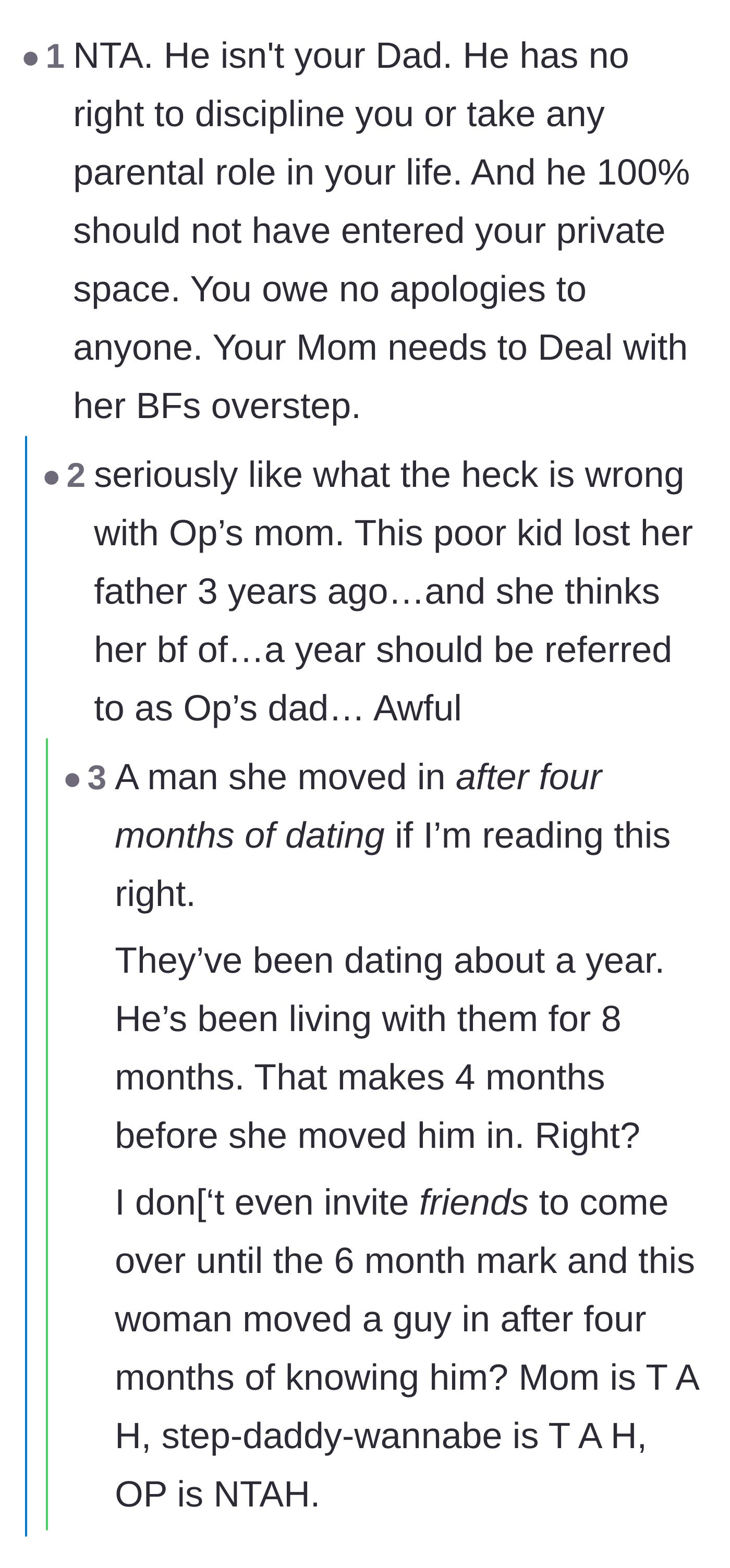 Comment thread 3 - Calling out the mother for giving her daughter the silent treatment instead of enforcing boundaries.