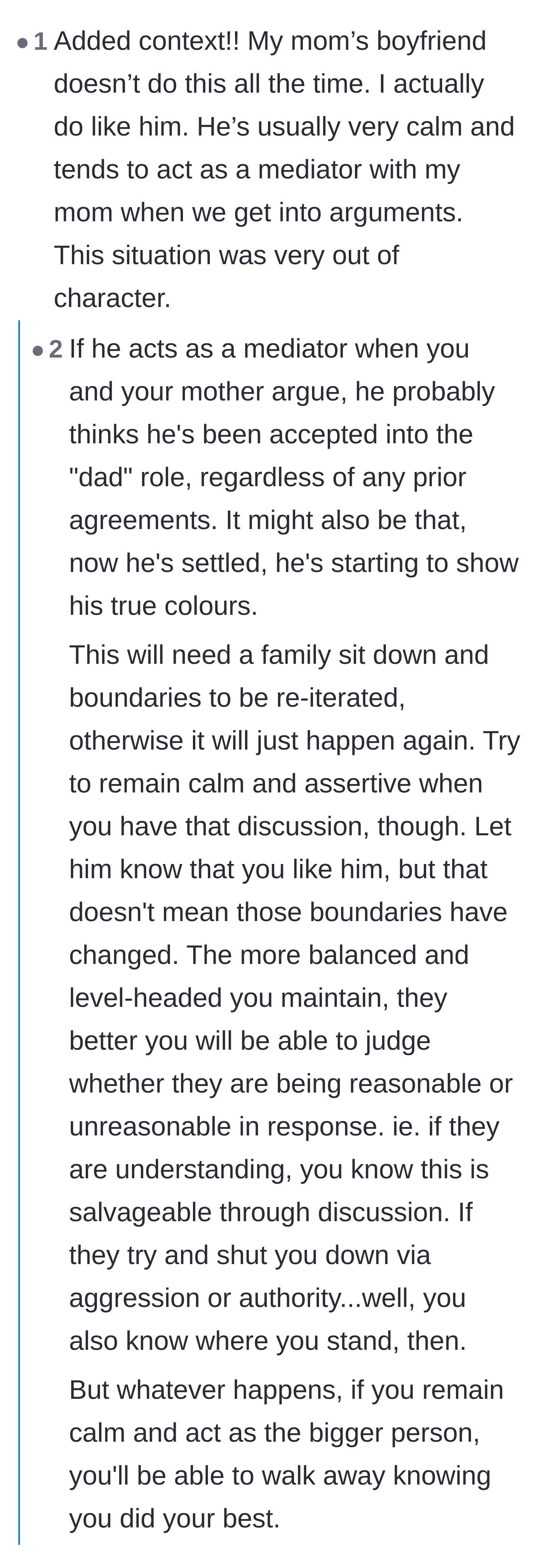 Comment thread 4 - Advice for the daughter on how to handle the boyfriend's changing behavior now that he feels comfortable.