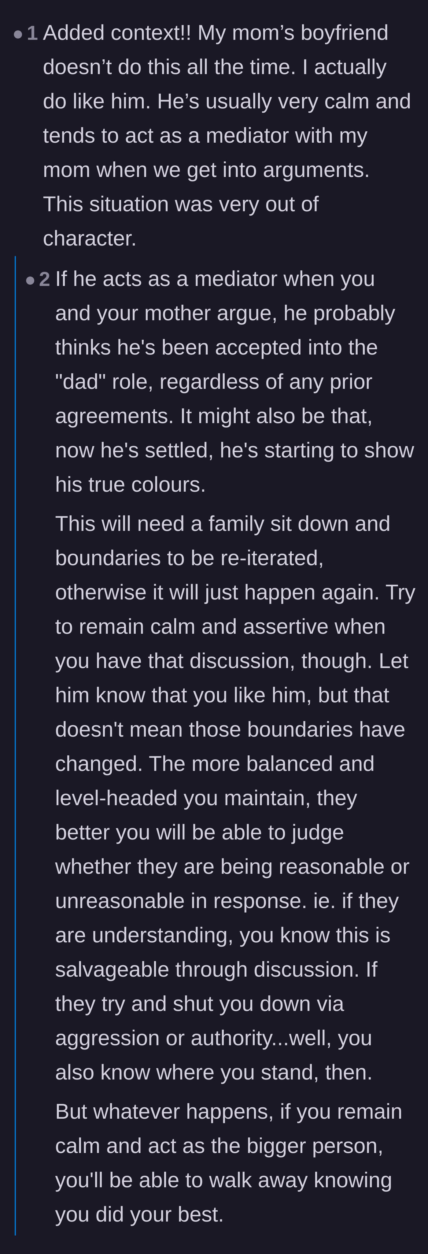 Comment thread 4 - Advice for the daughter on how to handle the boyfriend's changing behavior now that he feels comfortable.