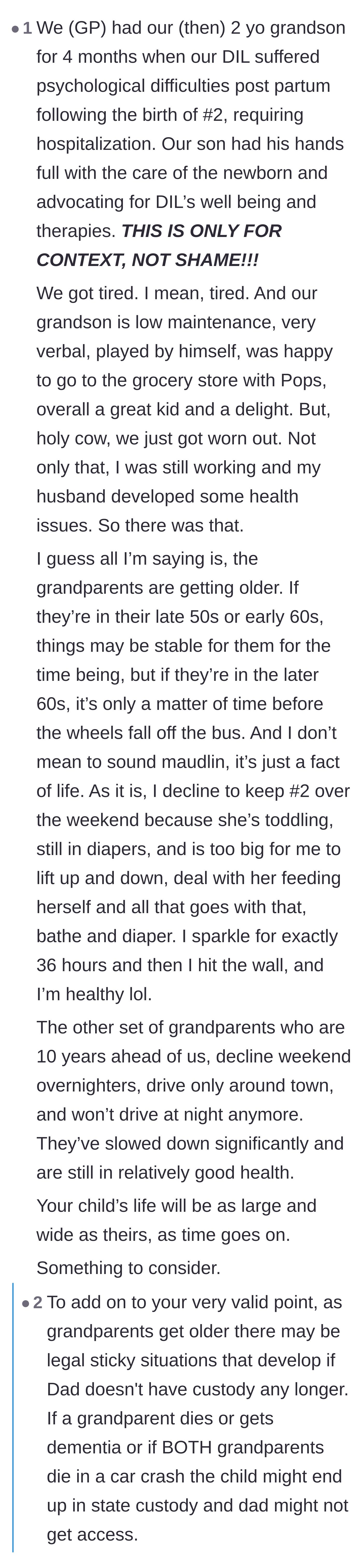 Comment thread 4 - A grandparent sharing the physical toll of raising a toddler, warning that older caregivers eventually lose their stamina.
