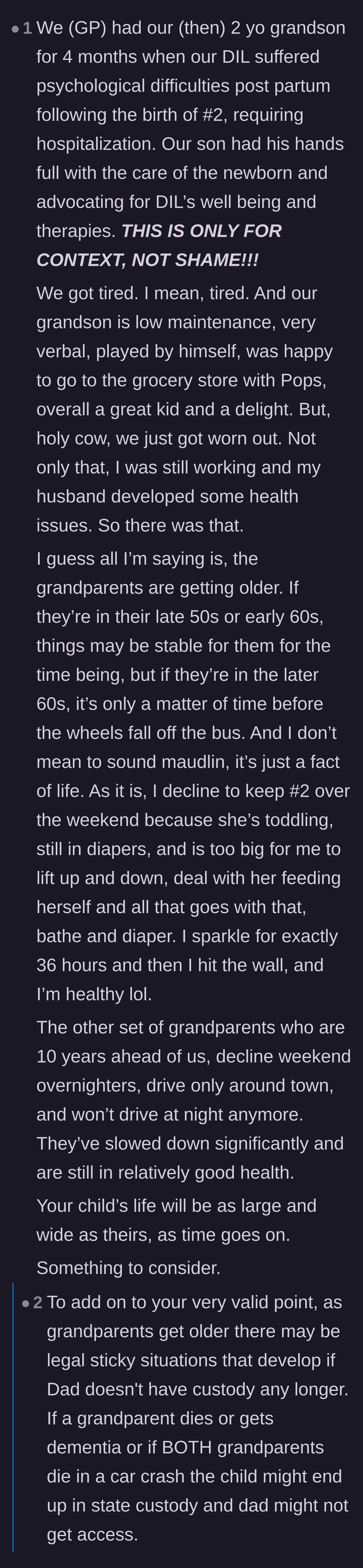 Comment thread 4 - A grandparent sharing the physical toll of raising a toddler, warning that older caregivers eventually lose their stamina.
