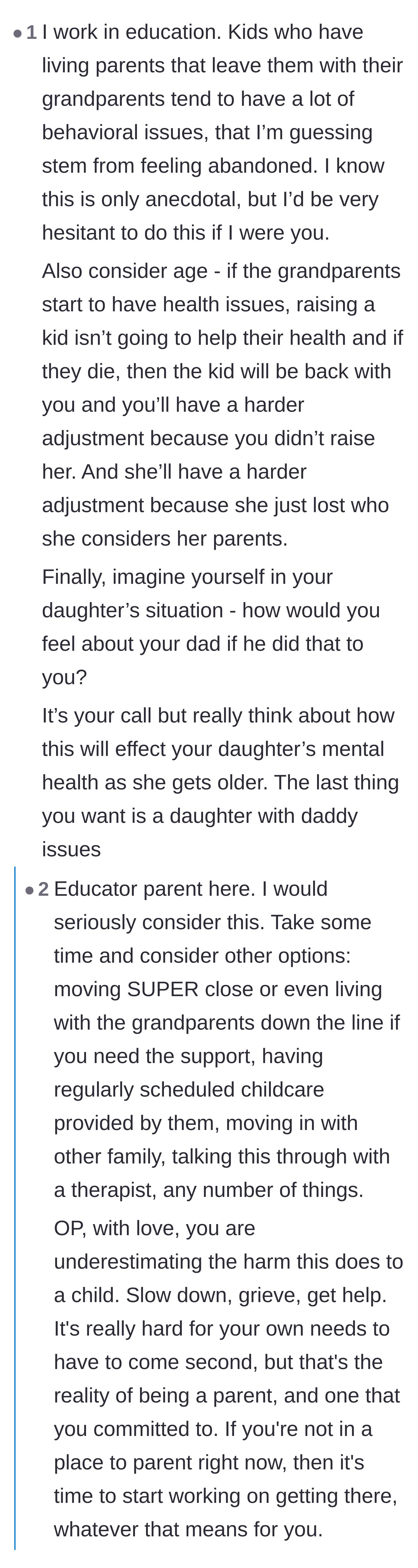 Comment thread 5 - Professionals in education and psychology warning about the severe, lifelong abandonment issues the daughter will face if given up.