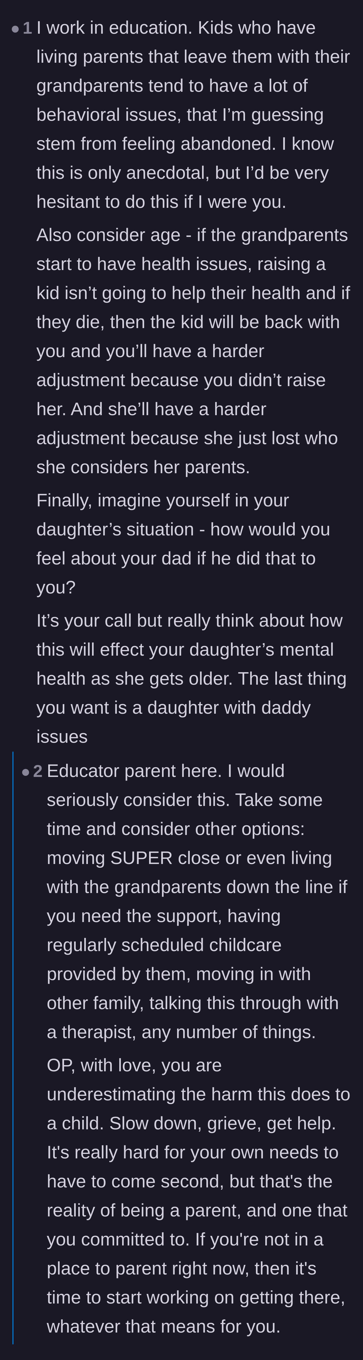 Comment thread 5 - Professionals in education and psychology warning about the severe, lifelong abandonment issues the daughter will face if given up.