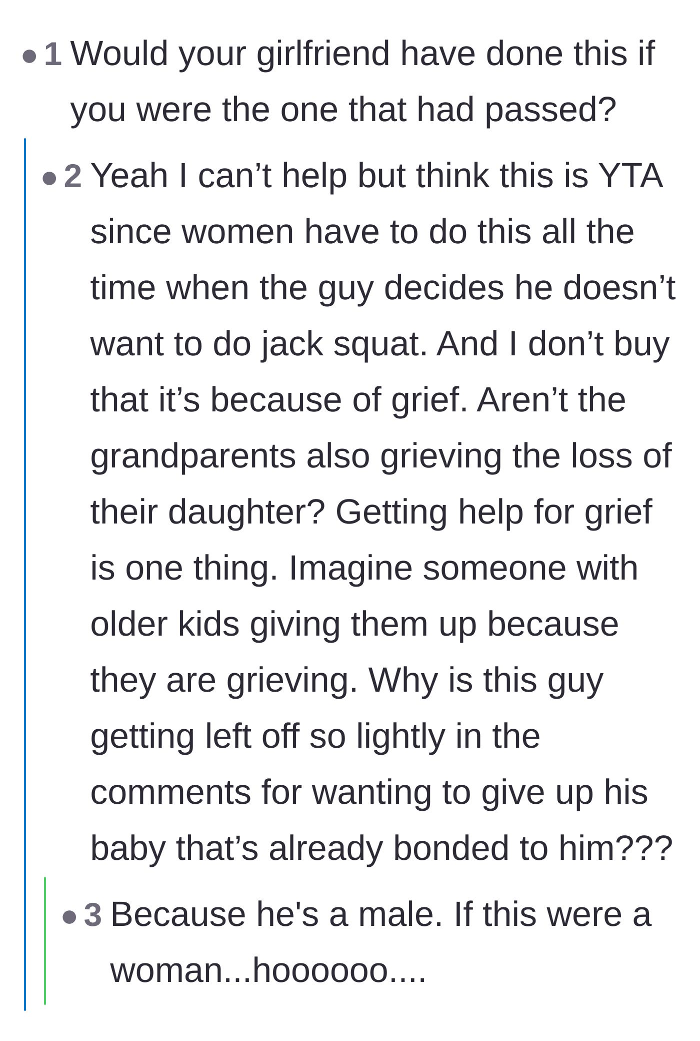 Comment thread 6 - A commenter asking if the girlfriend would have abandoned the child if the roles were reversed, highlighting a gender double standard.