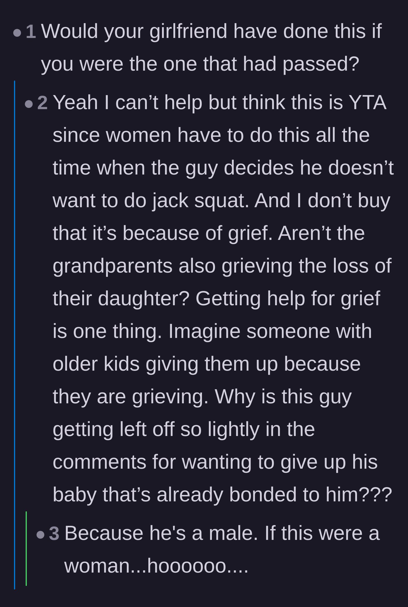 Comment thread 6 - A commenter asking if the girlfriend would have abandoned the child if the roles were reversed, highlighting a gender double standard.