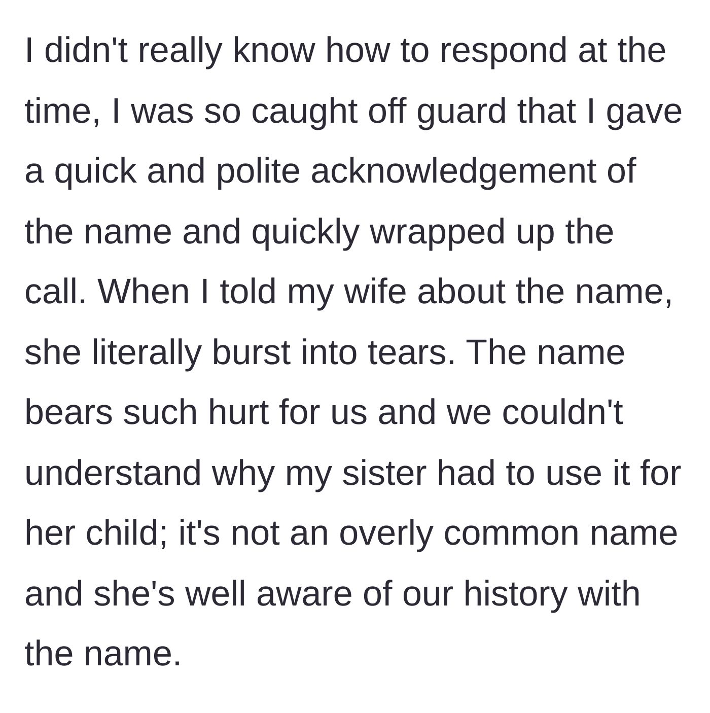 Story part 4 - The brother ends the call in shock and his wife bursts into tears upon hearing the news.