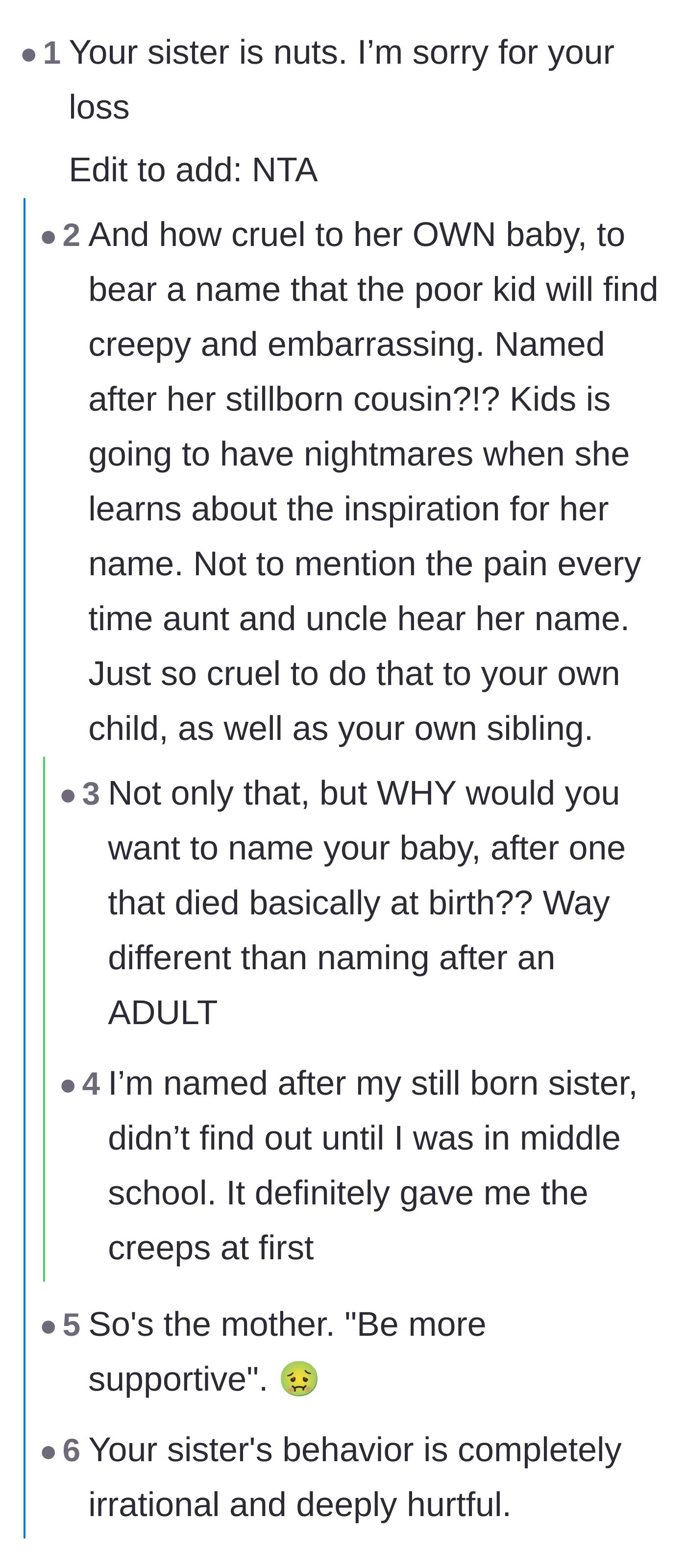 Comment thread 1 - Readers discussing how cruel it is to saddle an innocent baby with her deceased cousin's name.