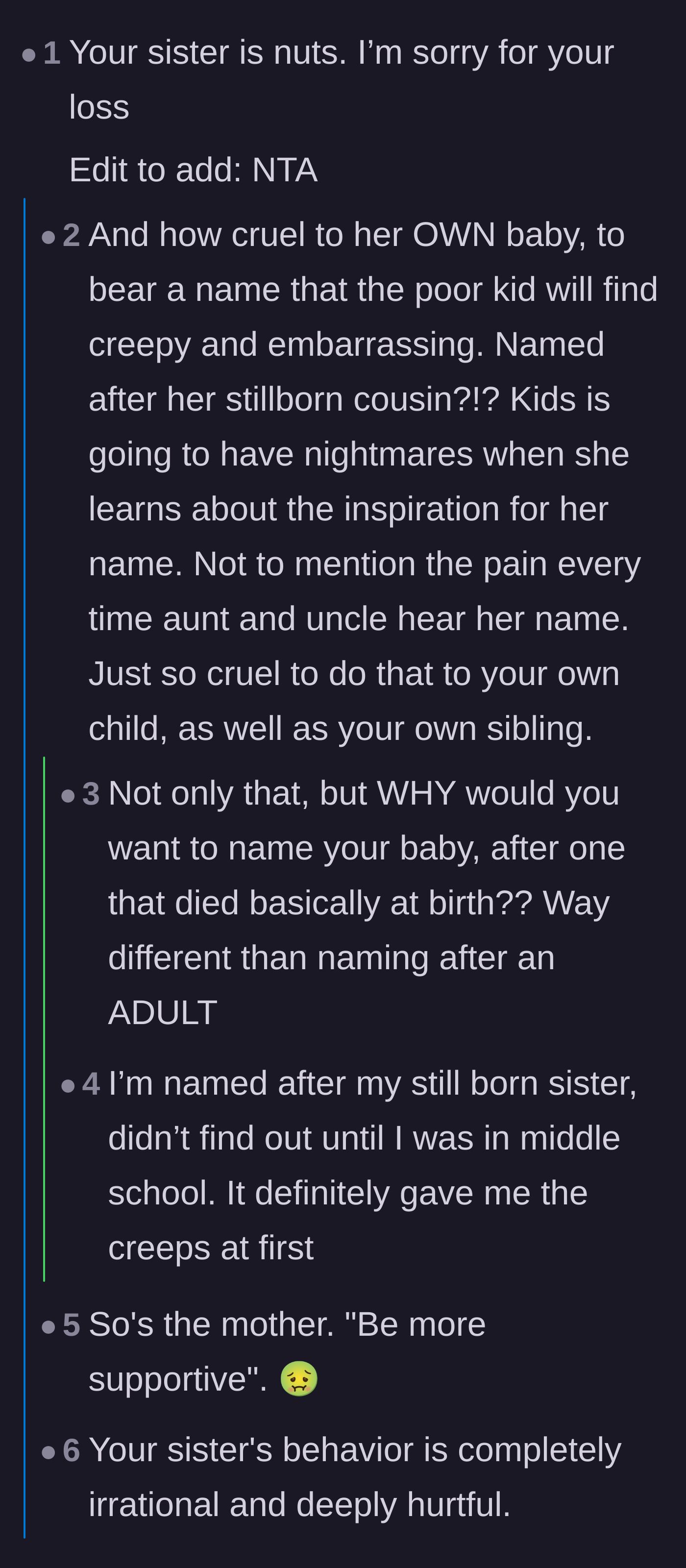 Comment thread 1 - Readers discussing how cruel it is to saddle an innocent baby with her deceased cousin's name.