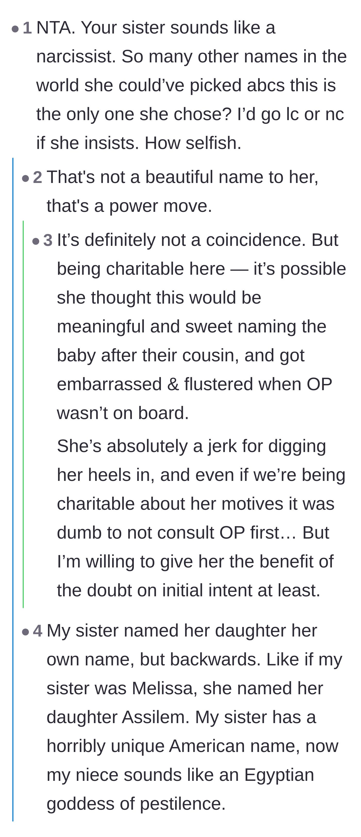 Comment thread 2 - A discussion about how the sister's refusal to change the name reveals it as a malicious power move.