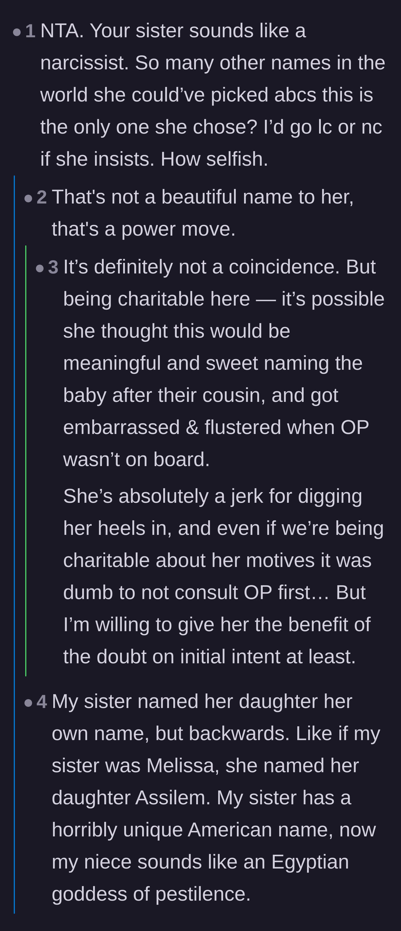 Comment thread 2 - A discussion about how the sister's refusal to change the name reveals it as a malicious power move.