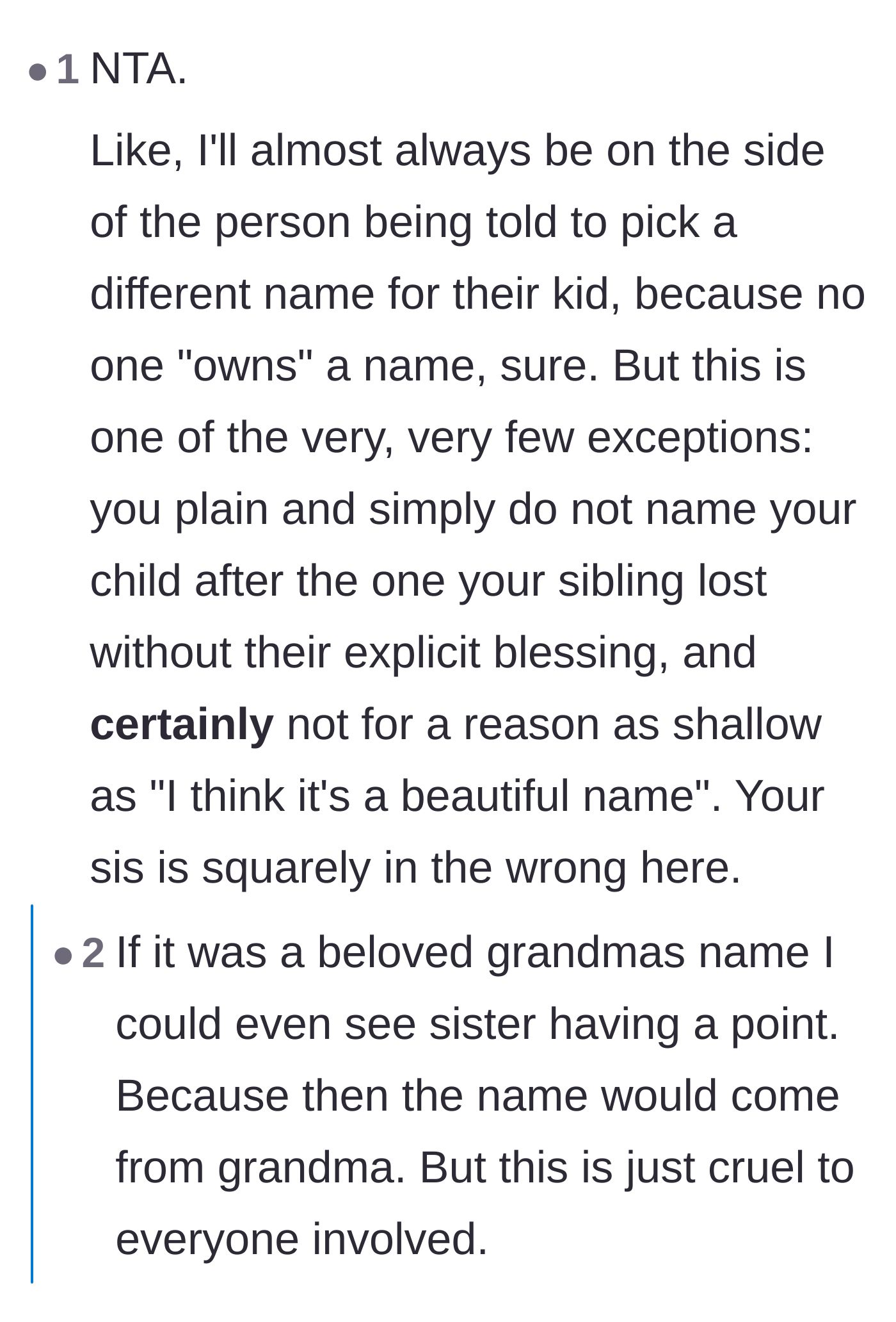 Comment thread 4 - A nuanced take explaining why the usual rule that 'nobody owns a name' absolutely does not apply to a stillborn child.