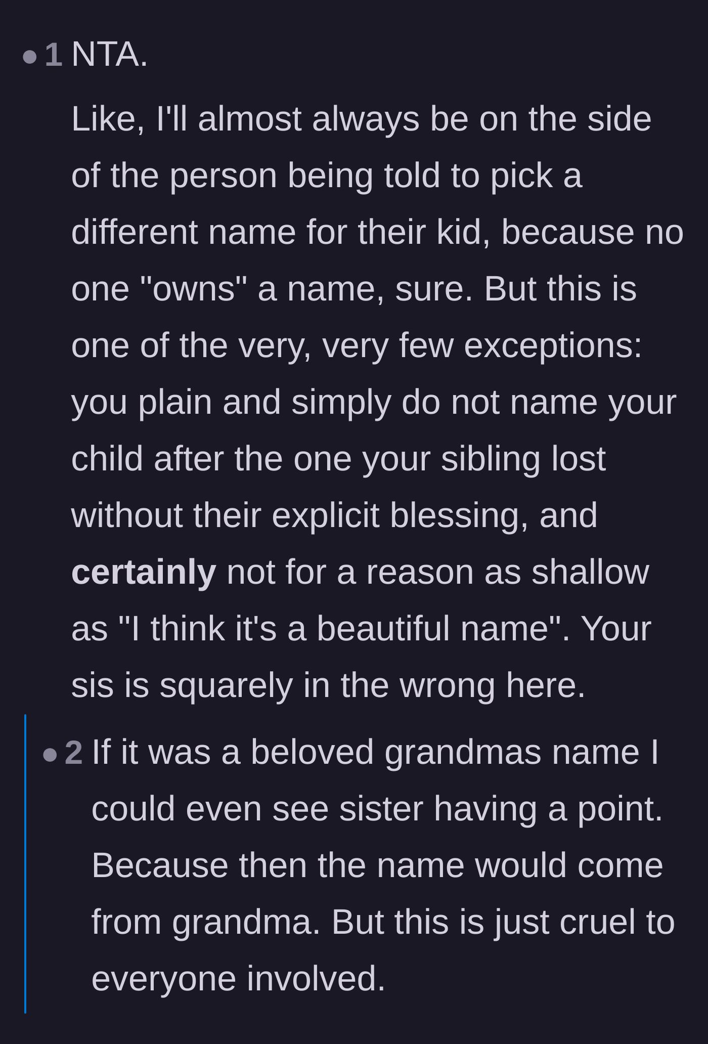 Comment thread 4 - A nuanced take explaining why the usual rule that 'nobody owns a name' absolutely does not apply to a stillborn child.