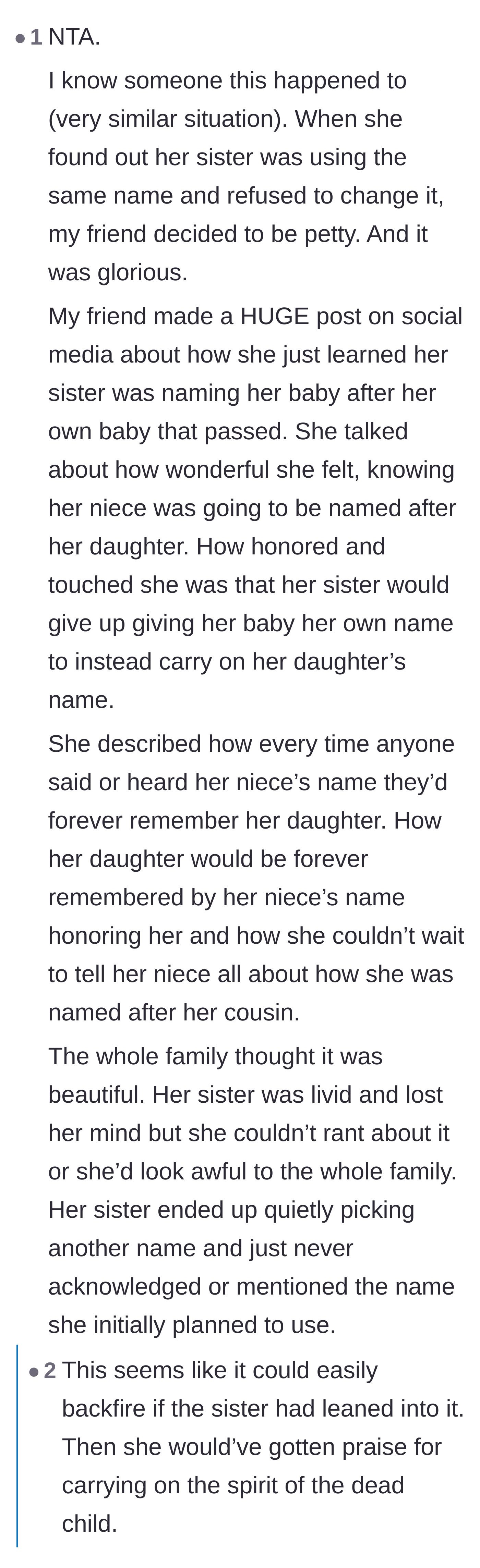 Comment thread 5 - A user sharing a story about a grieving mother who publicly outsmarted a name-stealing relative by flipping the narrative.