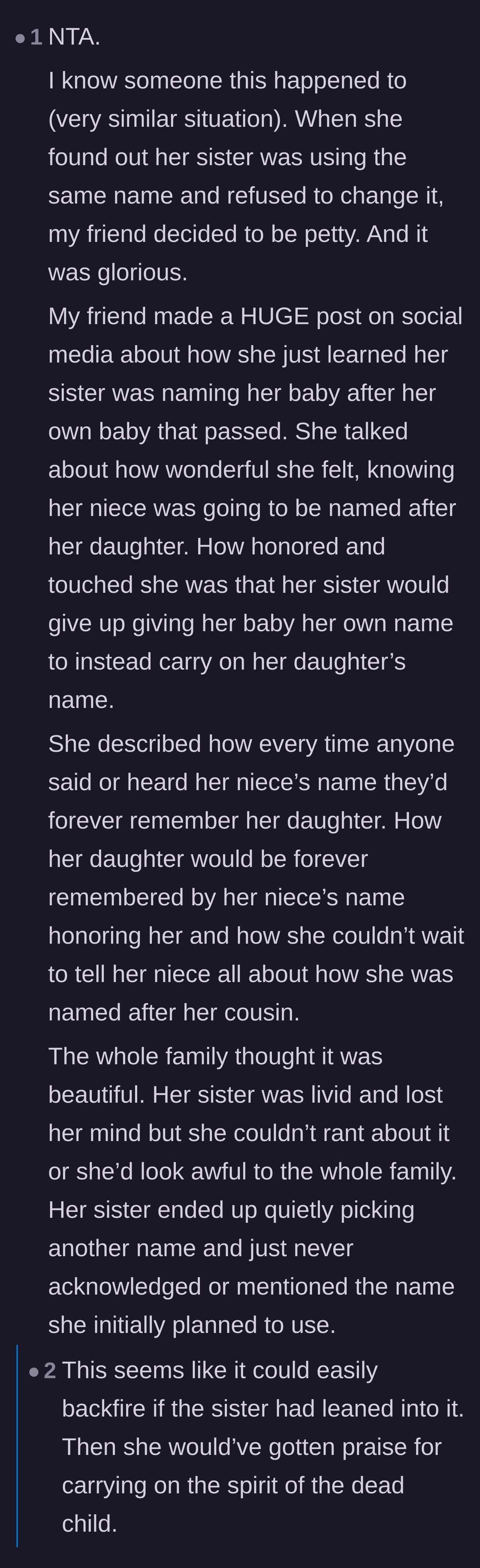 Comment thread 5 - A user sharing a story about a grieving mother who publicly outsmarted a name-stealing relative by flipping the narrative.