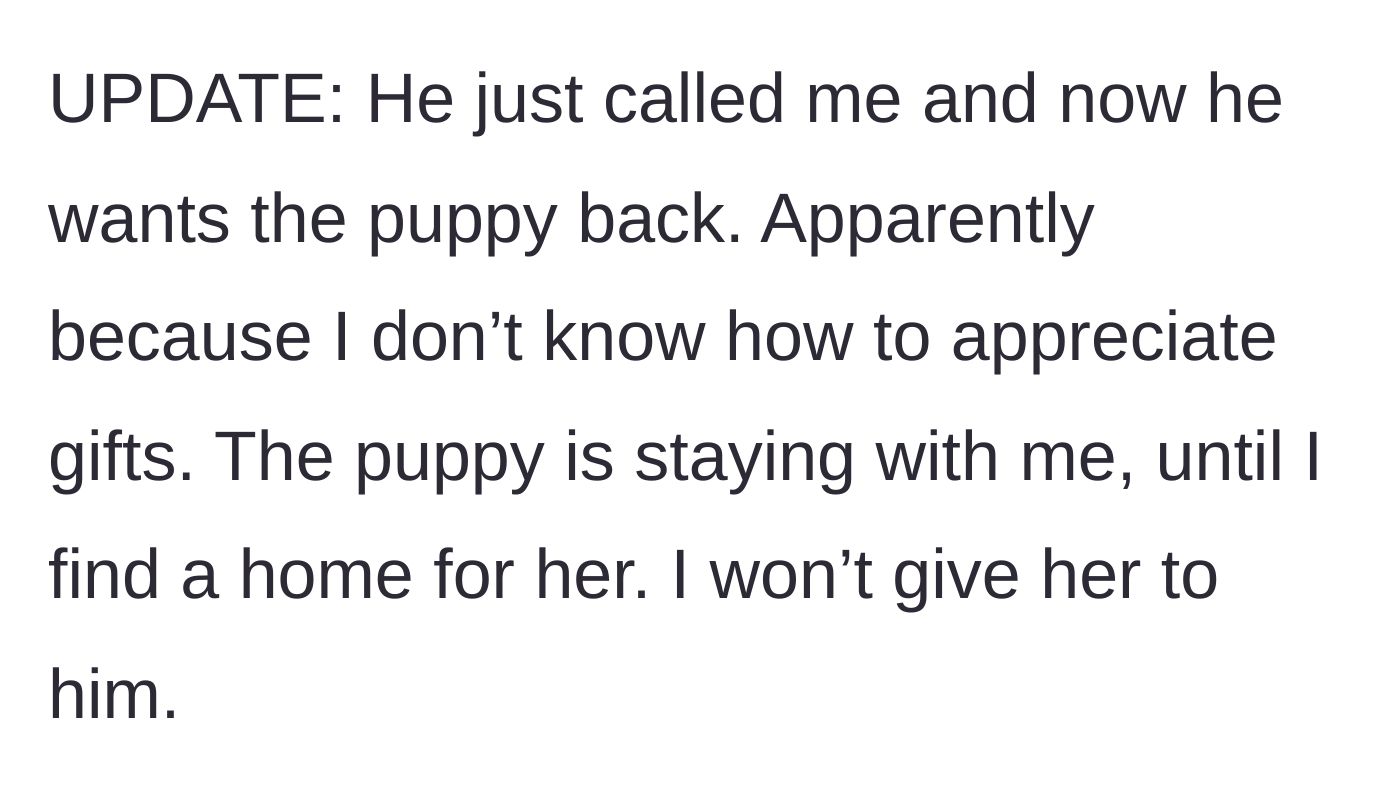 Story part 7 - In an update, the boyfriend demands the puppy back, claiming she doesn't appreciate gifts. She refuses, promising to find the puppy a safe home.