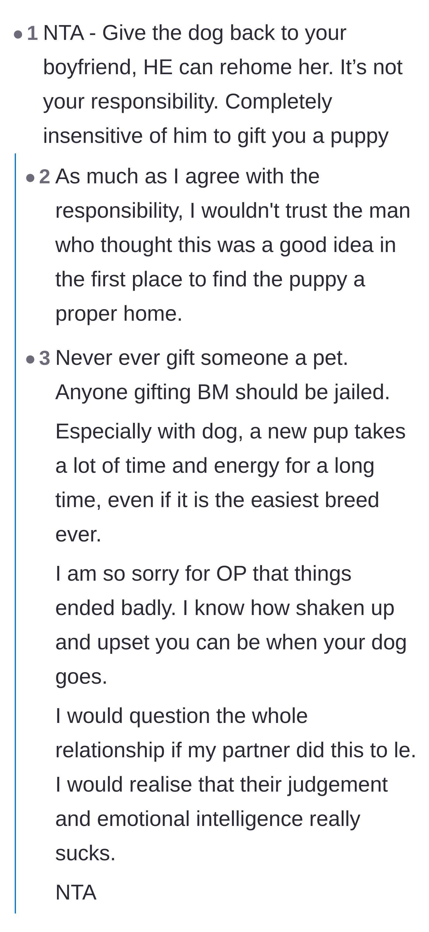 Comment thread 1 - Readers debating whether she should return the high-energy Malinois puppy to her boyfriend or directly to the breeder.