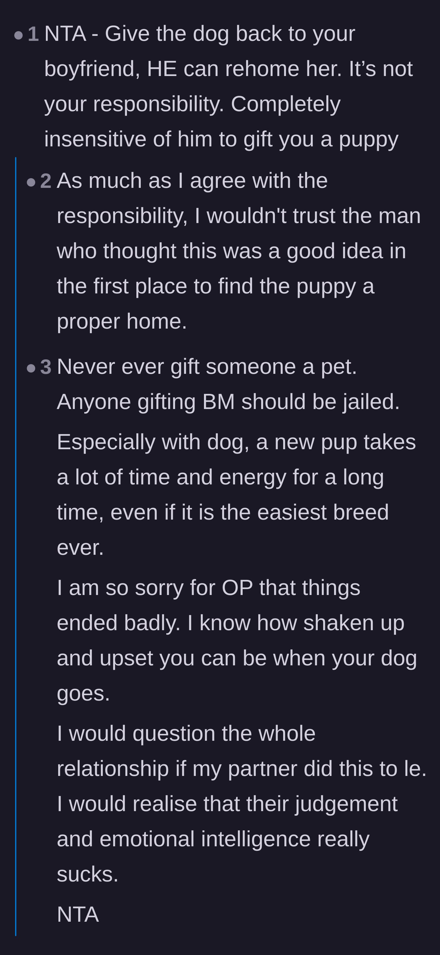 Comment thread 1 - Readers debating whether she should return the high-energy Malinois puppy to her boyfriend or directly to the breeder.