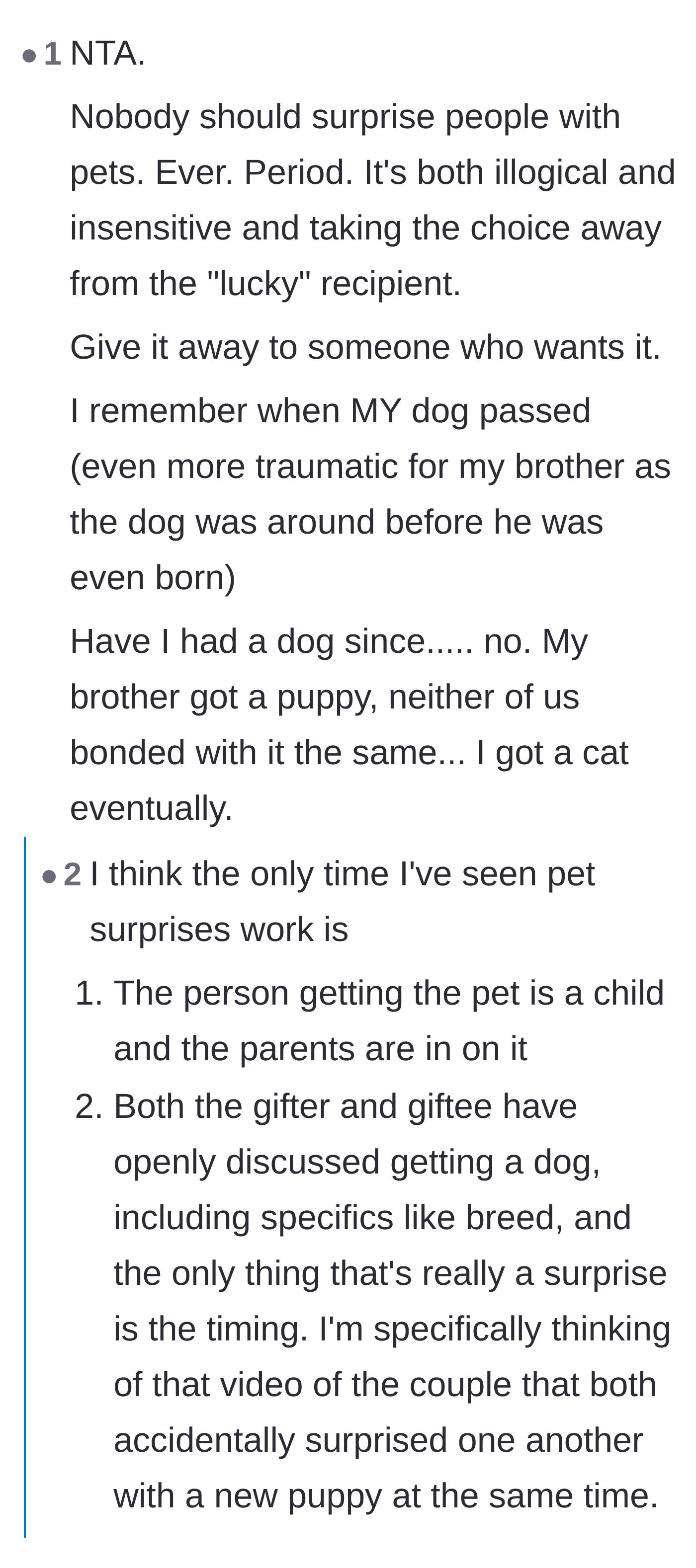 Comment thread 2 - A discussion on why giving living creatures as surprise gifts is deeply insensitive and removes the recipient's choice.