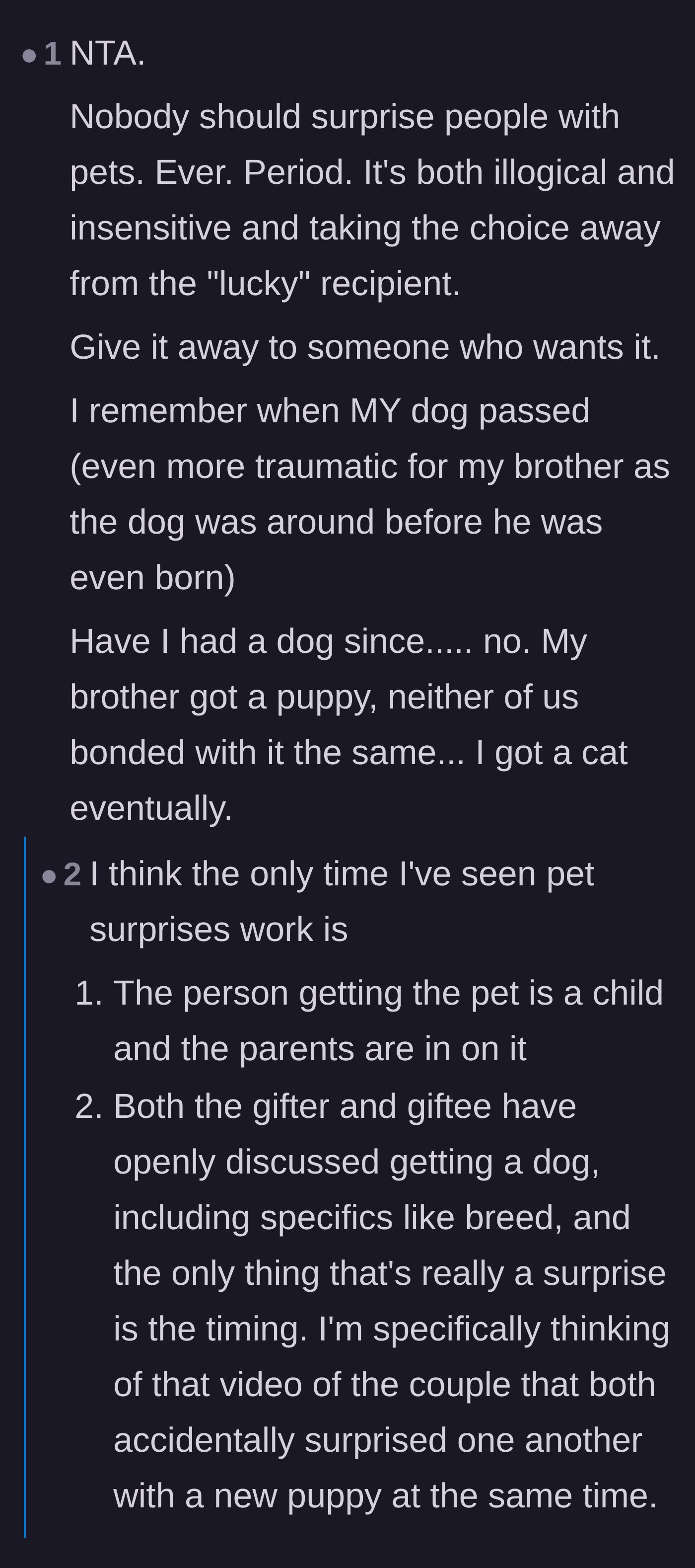 Comment thread 2 - A discussion on why giving living creatures as surprise gifts is deeply insensitive and removes the recipient's choice.