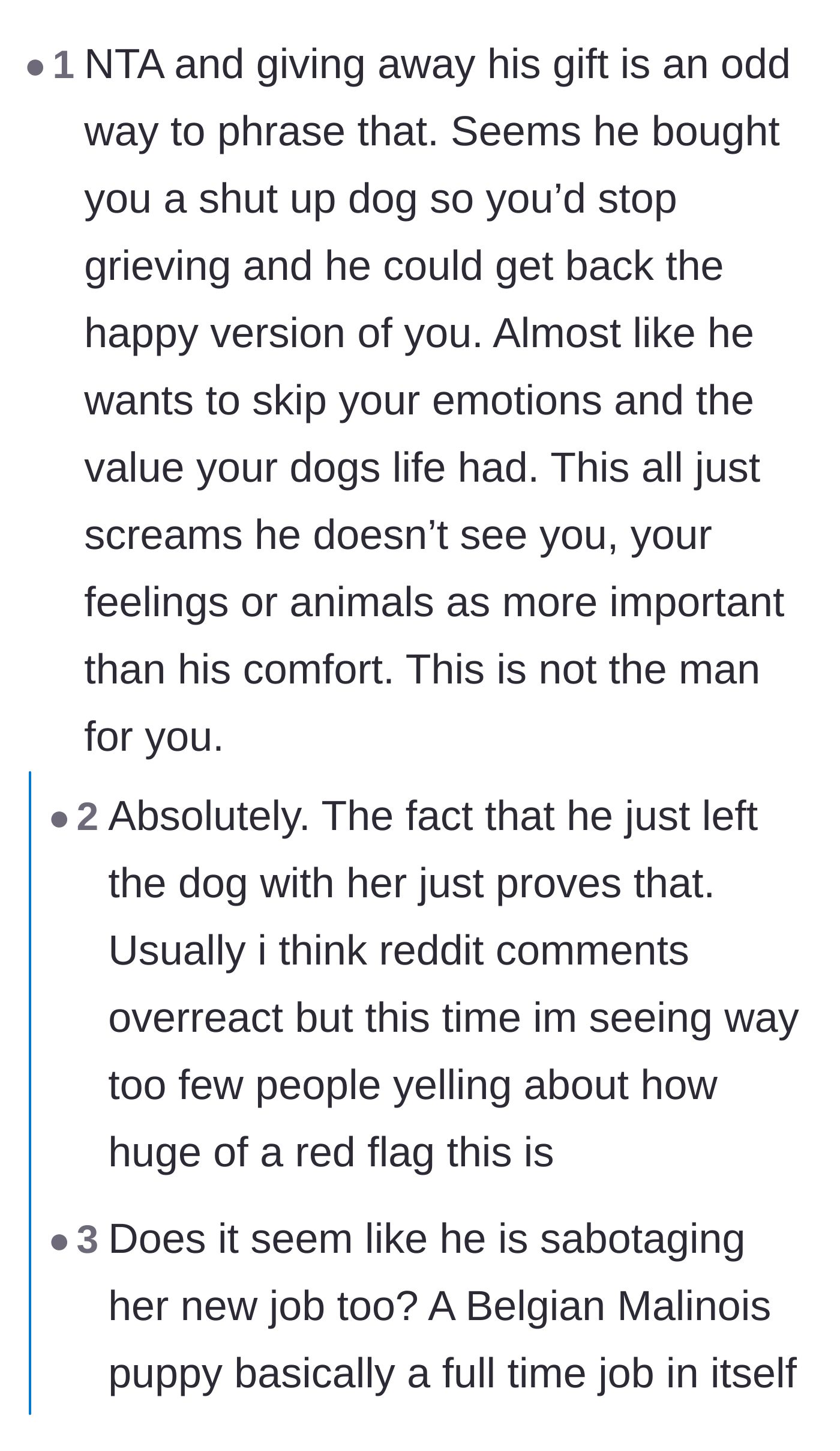 Comment thread 3 - Readers calling out the boyfriend for using the puppy to silence her grief and center his own comfort.