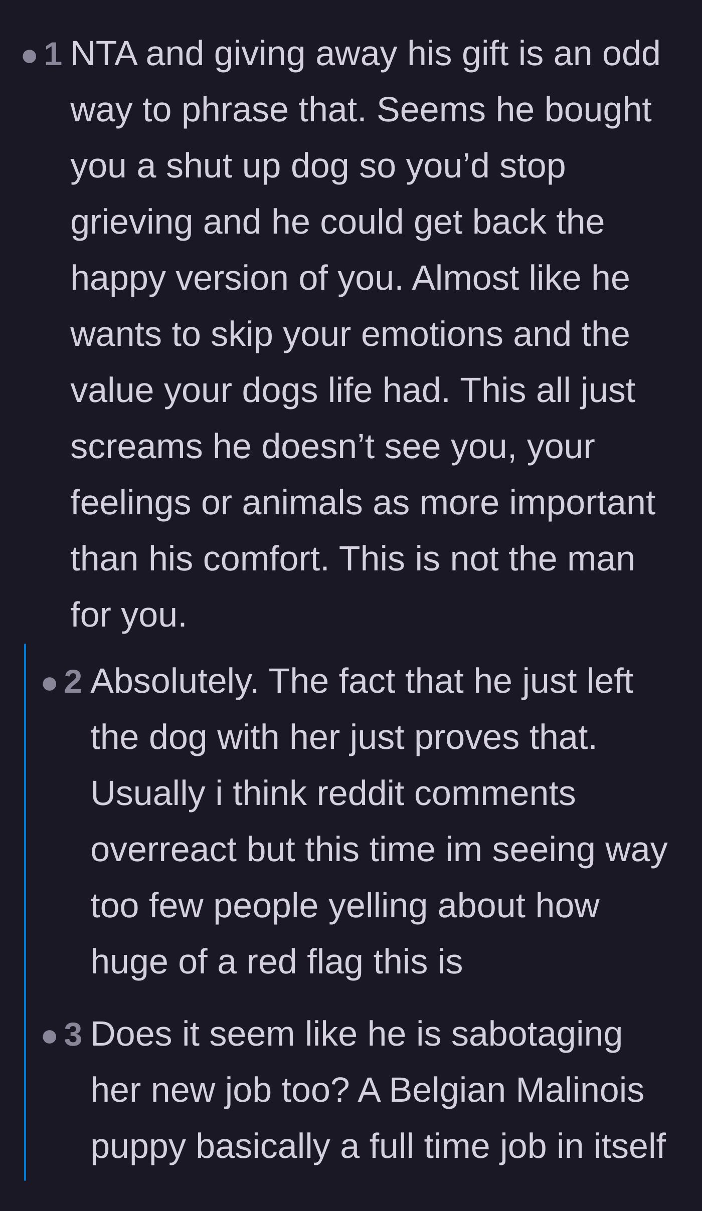 Comment thread 3 - Readers calling out the boyfriend for using the puppy to silence her grief and center his own comfort.