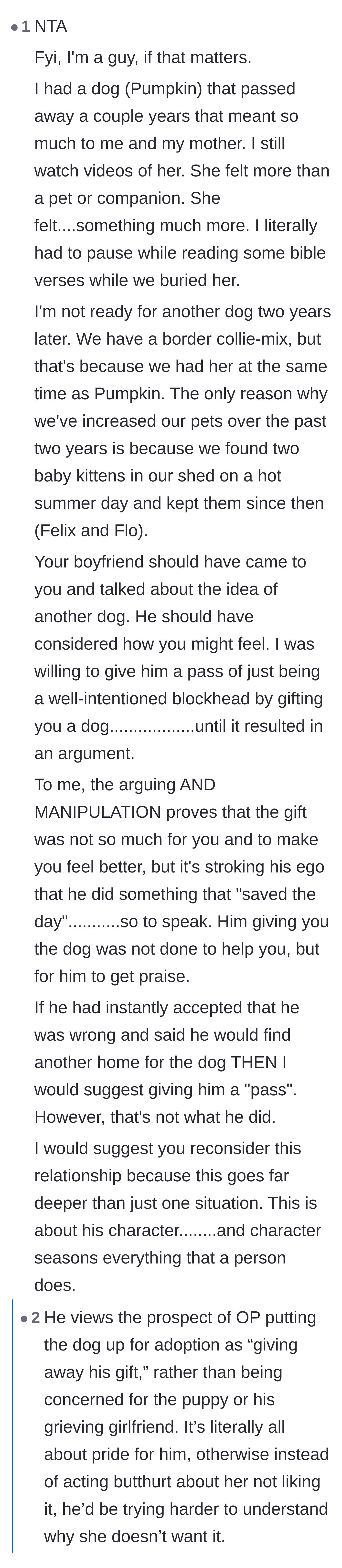 Comment thread 4 - A fellow dog owner sharing his own painful loss and pointing out the boyfriend's manipulative ego.