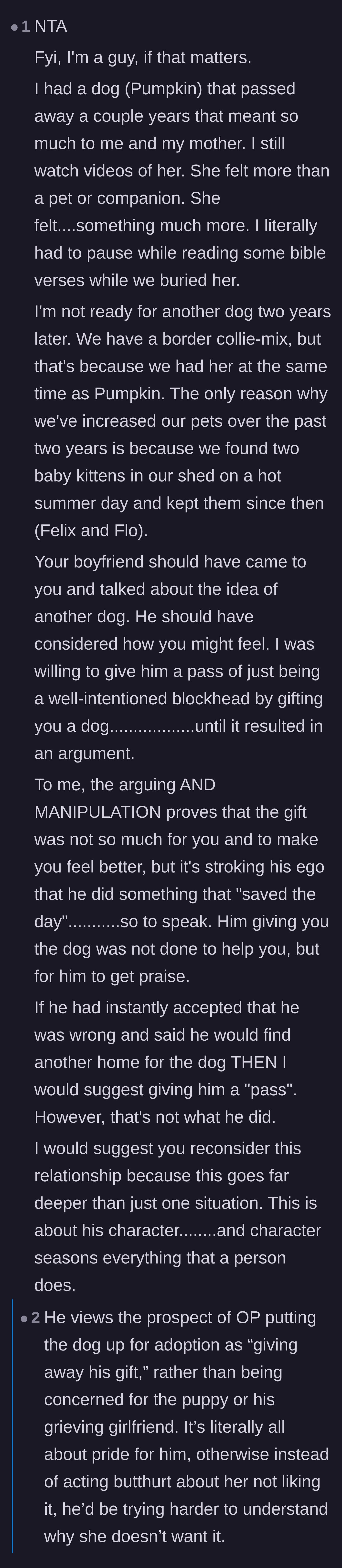 Comment thread 4 - A fellow dog owner sharing his own painful loss and pointing out the boyfriend's manipulative ego.