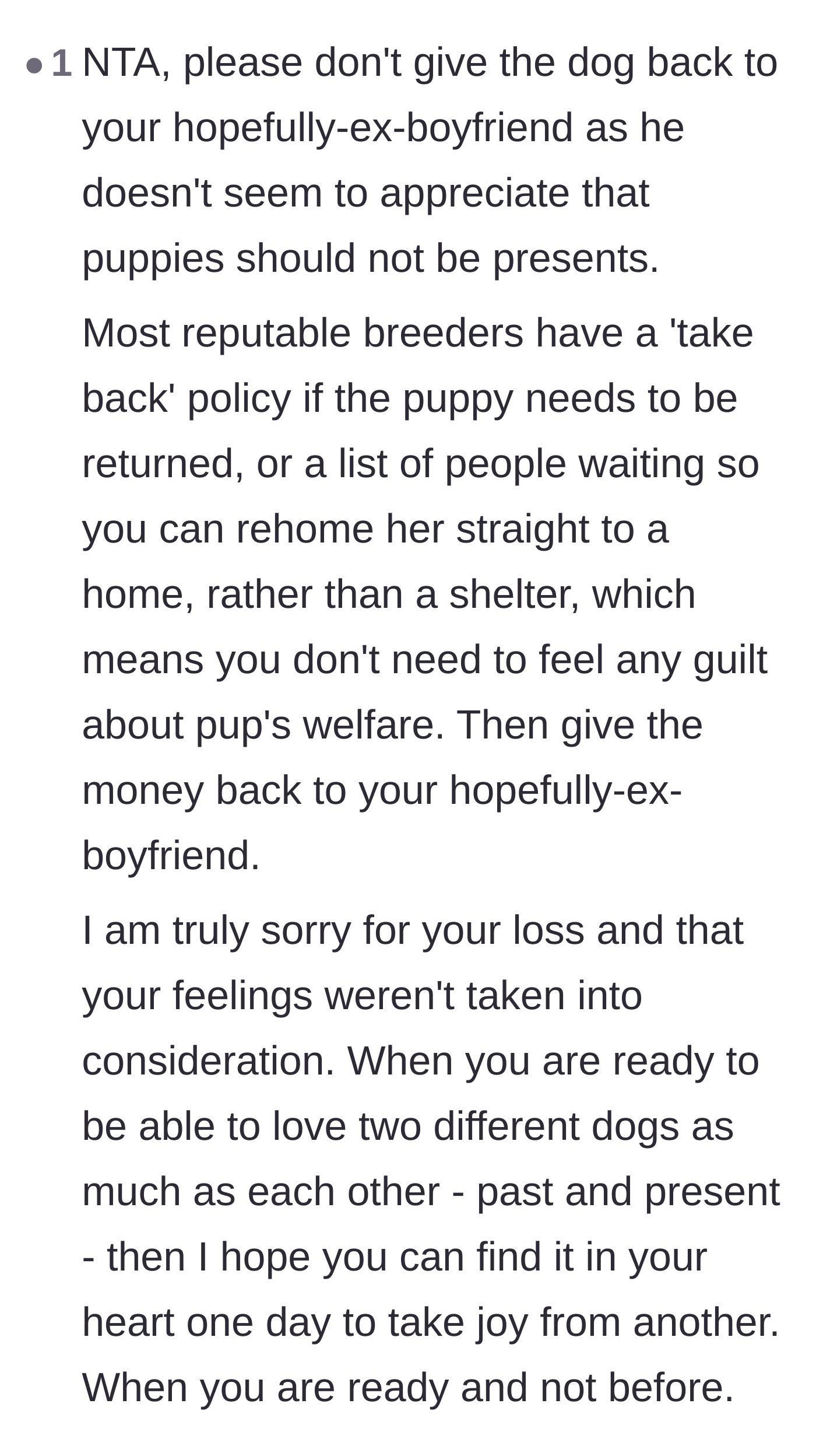 Comment thread 5 - Practical advice on using a breeder's take-back policy alongside a compassionate message about healing.