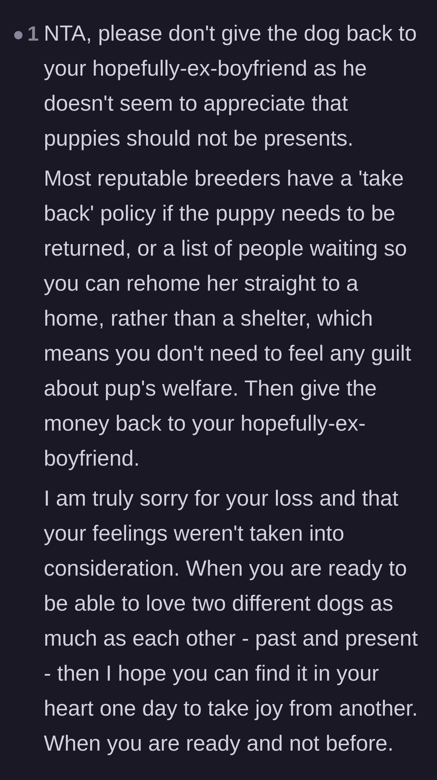 Comment thread 5 - Practical advice on using a breeder's take-back policy alongside a compassionate message about healing.