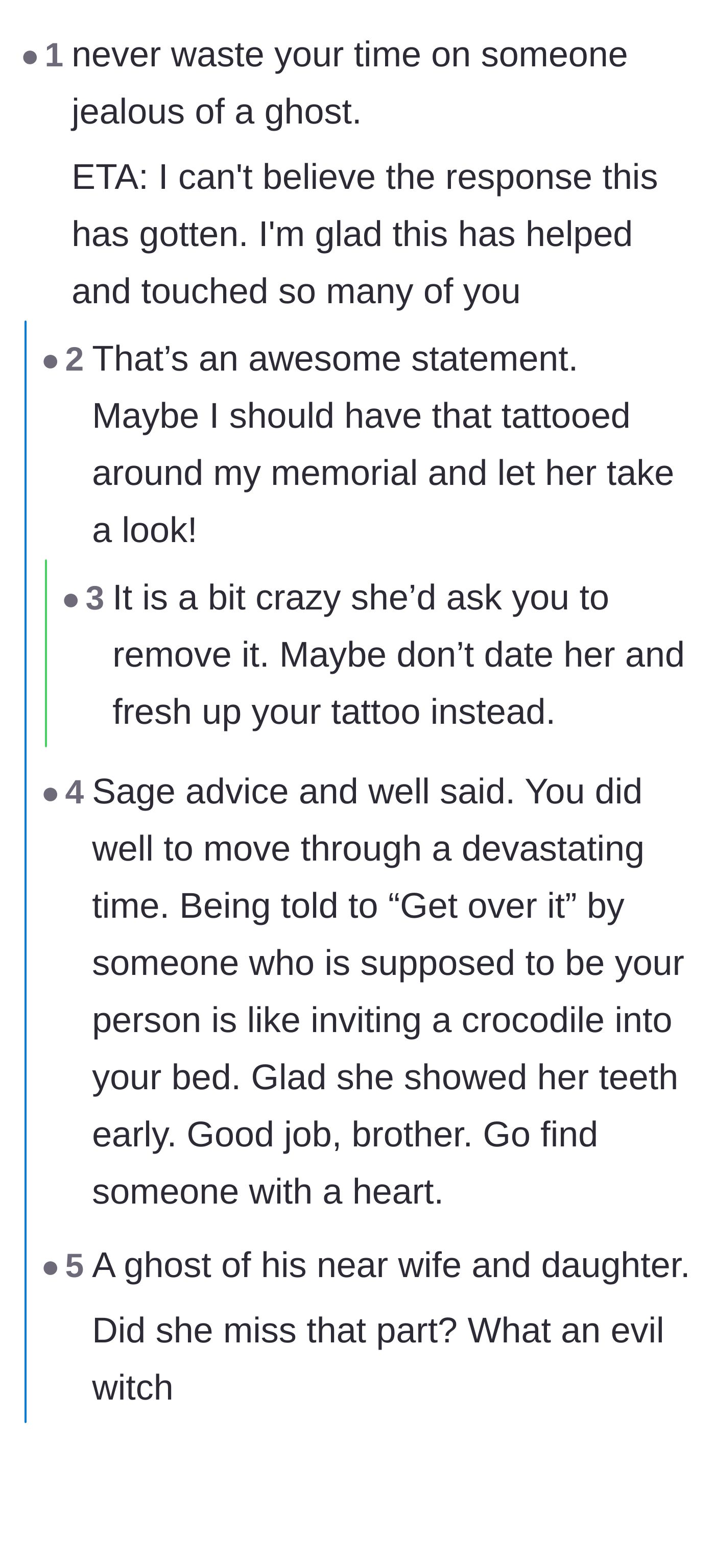 Comment thread 1 - Readers advise the author to touch up his memorial tattoo instead of removing it, while widowers share touching stories of how true partners handle grief.