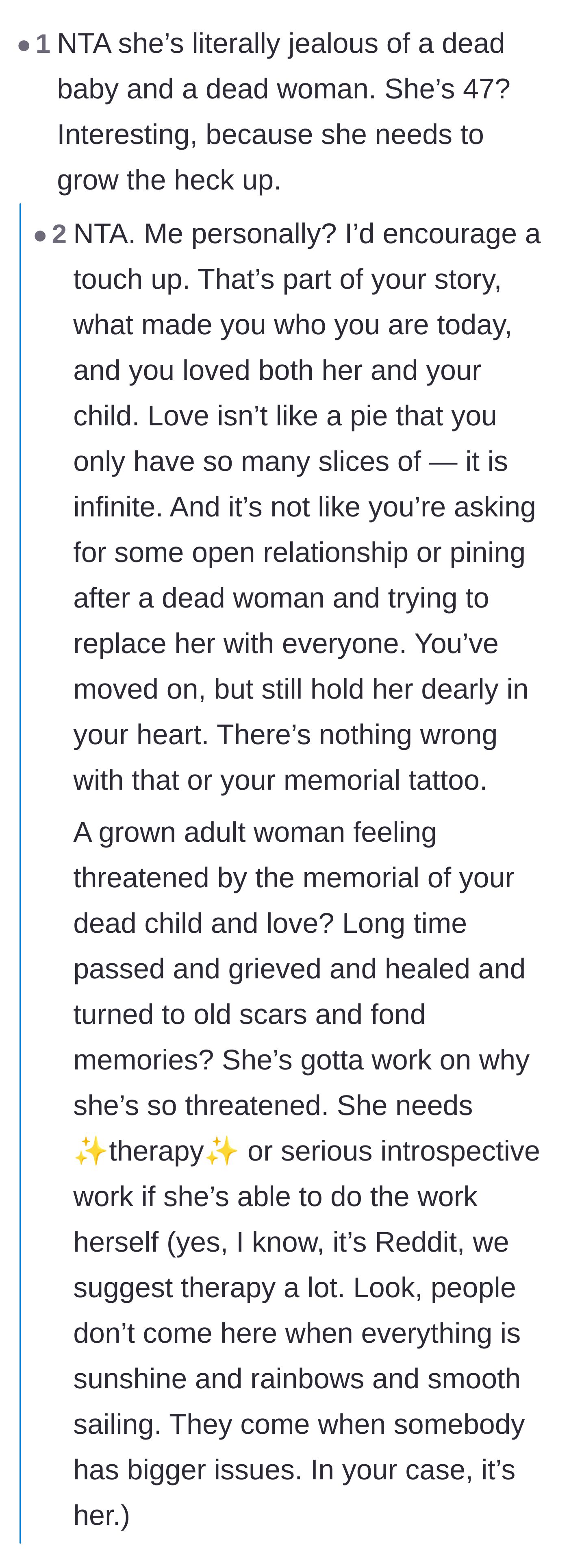 Comment thread 2 - Commenters express shock that a 47-year-old woman is threatened by a memorial for a late partner and child, suggesting she needs therapy.