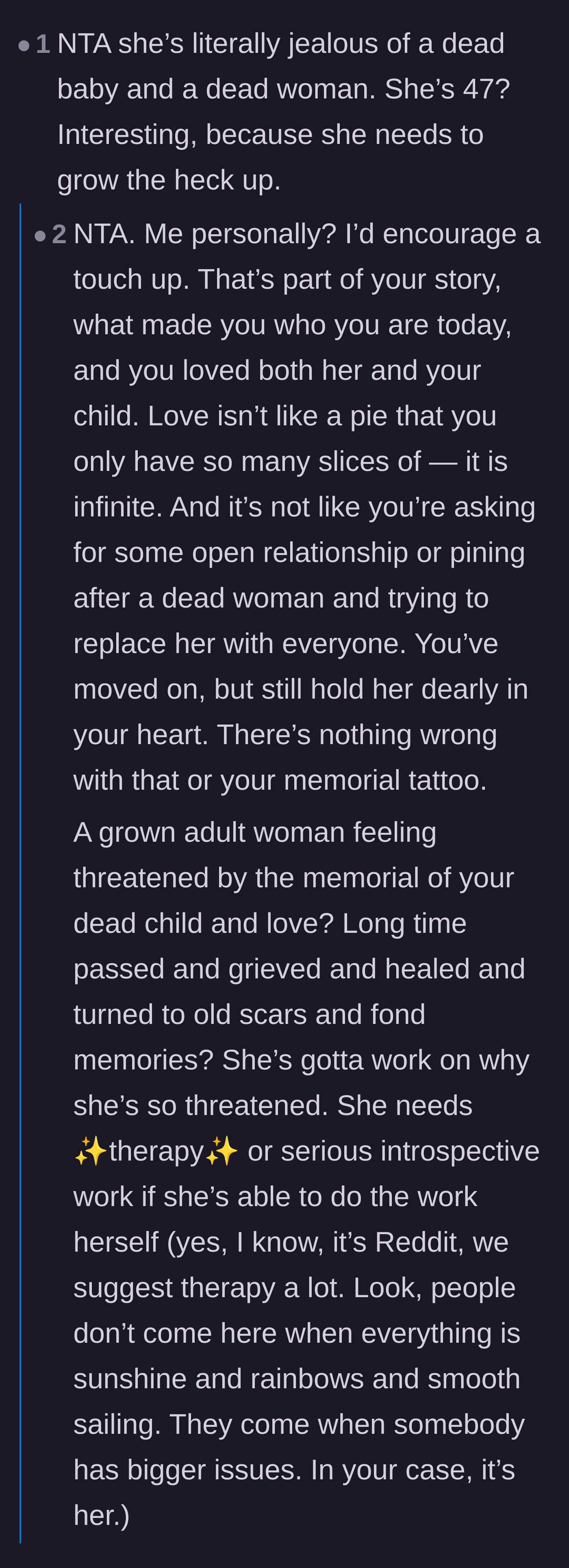 Comment thread 2 - Commenters express shock that a 47-year-old woman is threatened by a memorial for a late partner and child, suggesting she needs therapy.