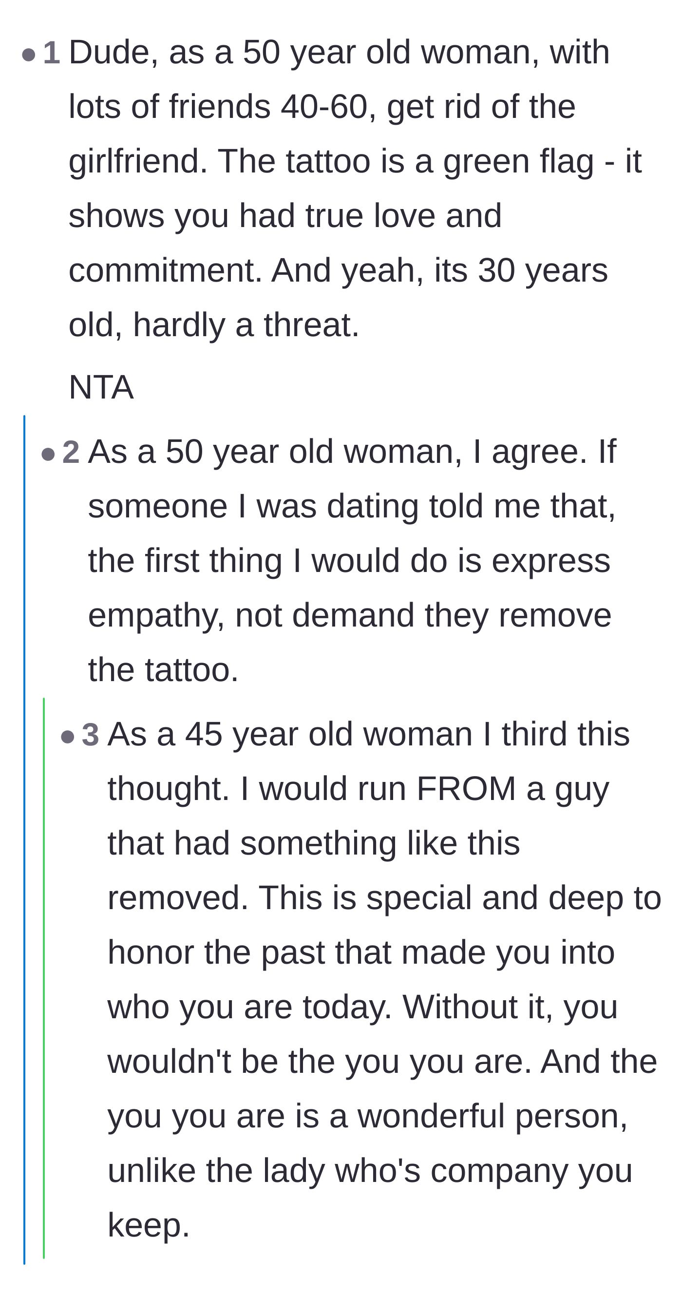 Comment thread 6 - Women in their forties and fifties chime in to explain that a memorial tattoo is actually a massive green flag in the dating world.