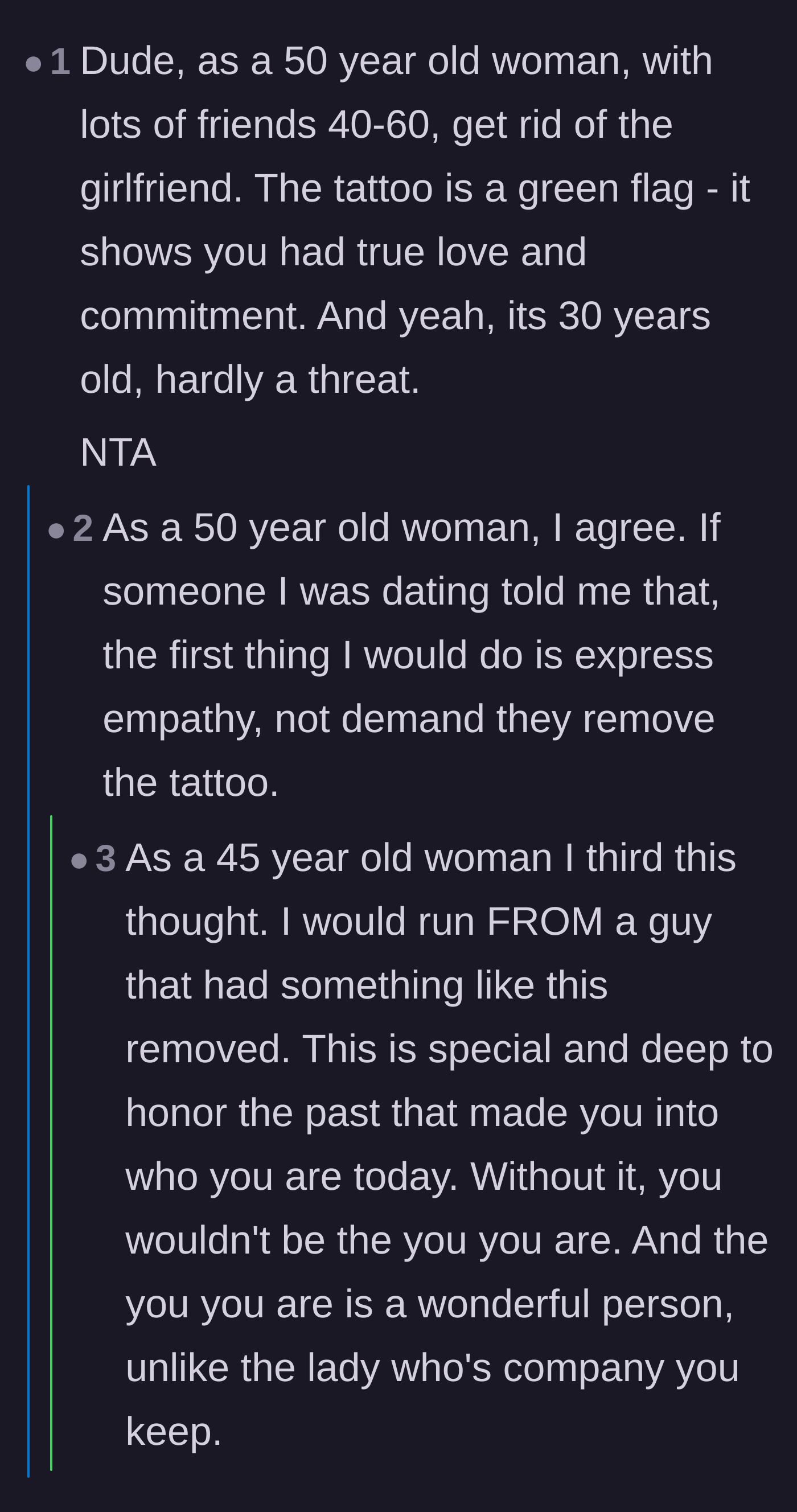 Comment thread 6 - Women in their forties and fifties chime in to explain that a memorial tattoo is actually a massive green flag in the dating world.