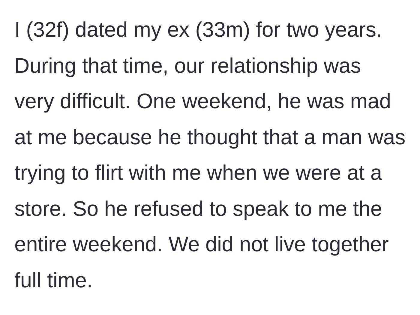 Story part 1 - A couple experiencing relationship friction due to the boyfriend's petty jealousy and subsequent silent treatment over a weekend.