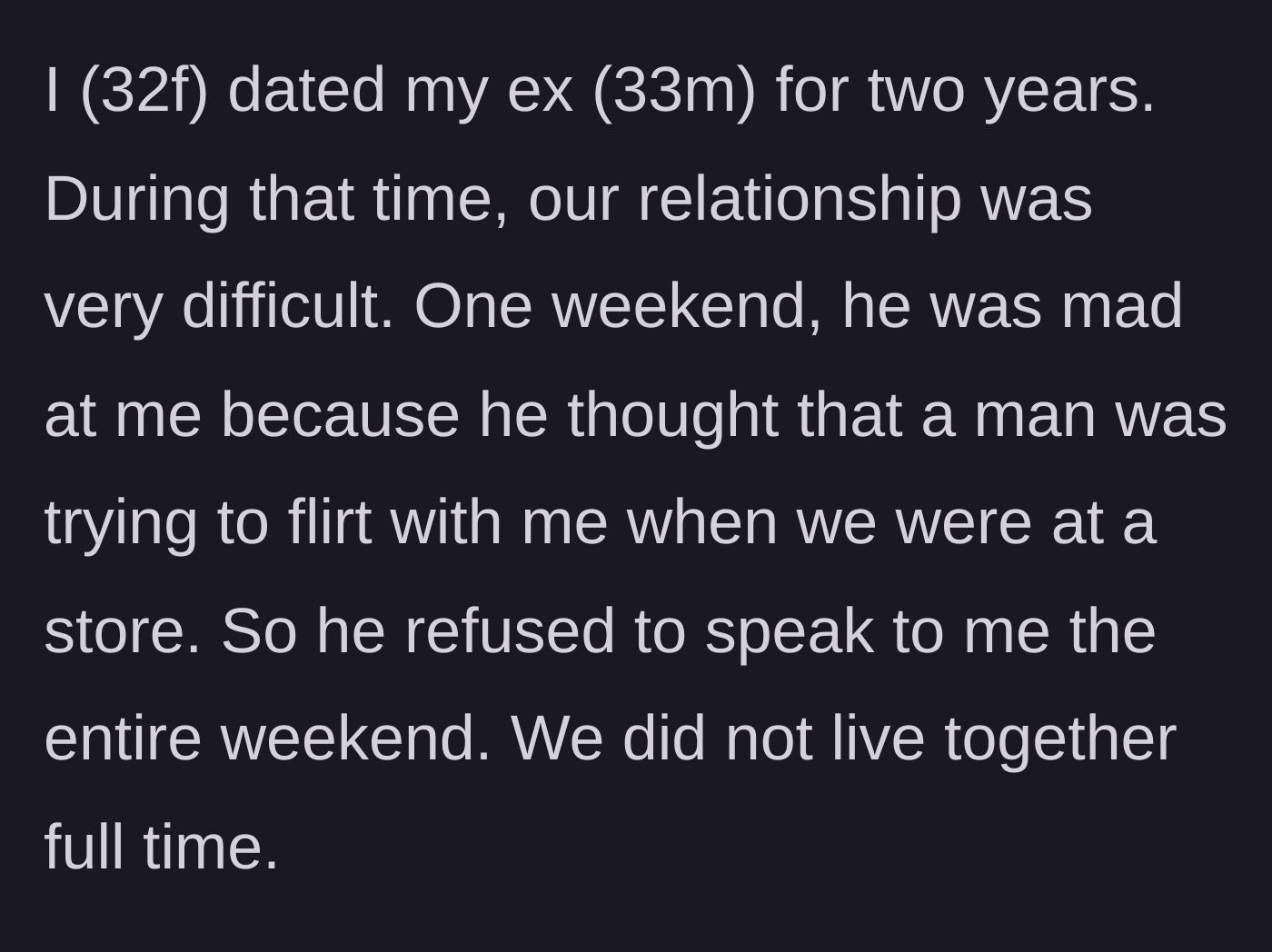 Story part 1 - A couple experiencing relationship friction due to the boyfriend's petty jealousy and subsequent silent treatment over a weekend.