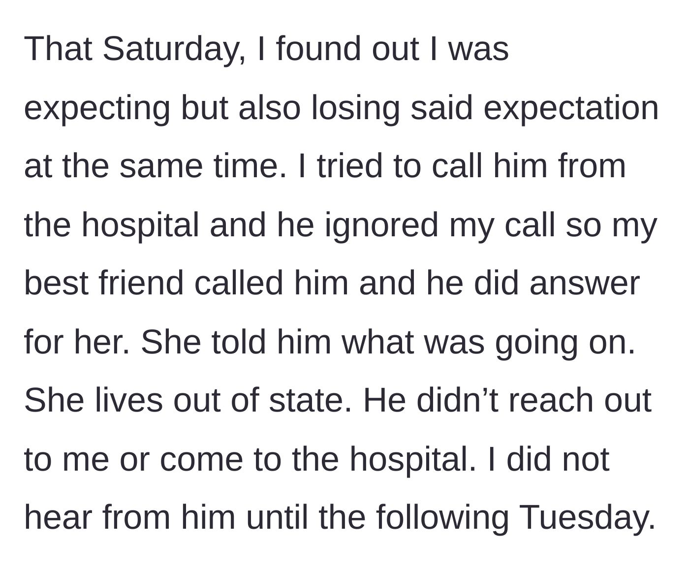 Story part 2 - The woman suffering a miscarriage at the hospital while her boyfriend ignores her emergency calls, only to finally answer a call from her distant friend.