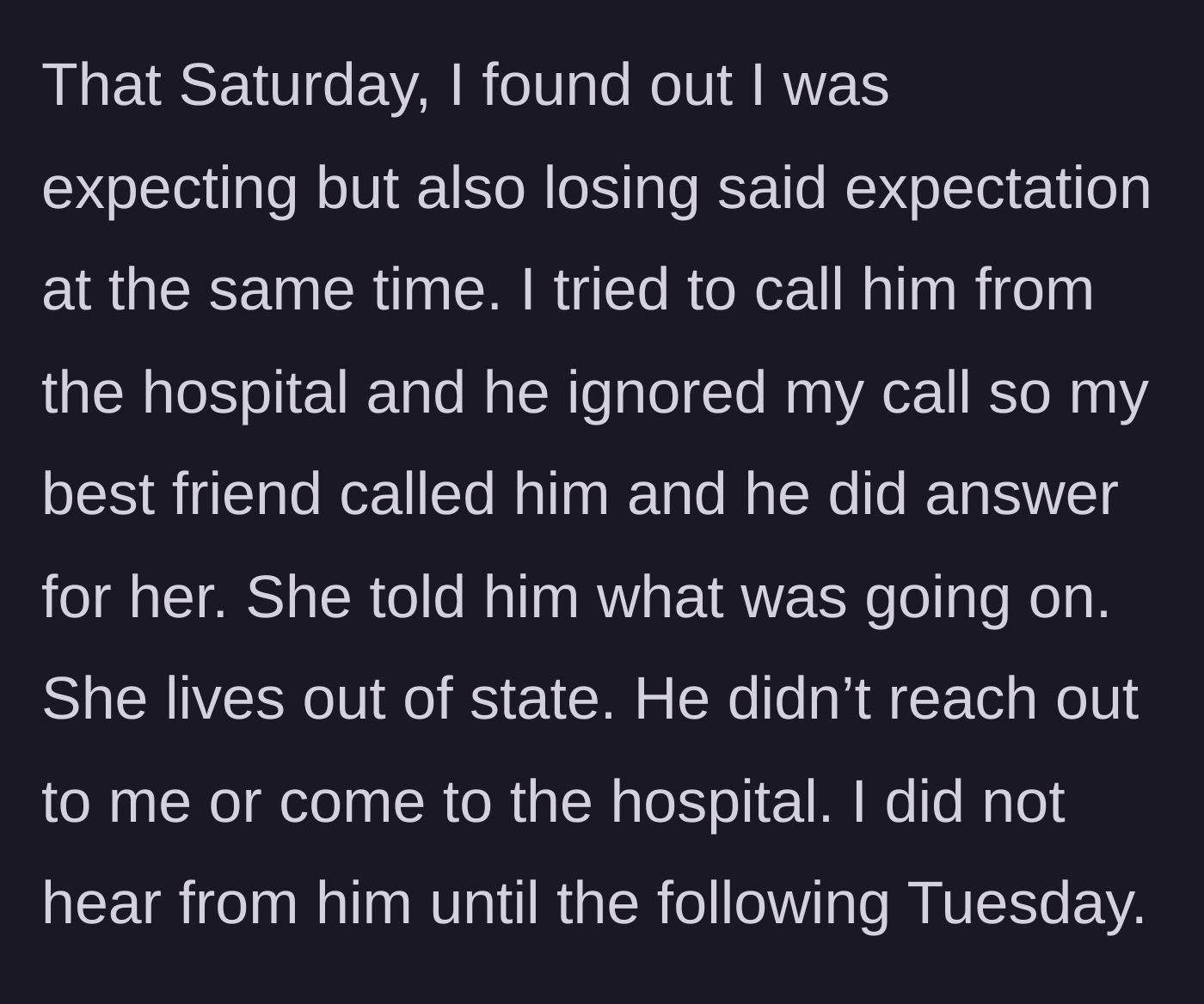 Story part 2 - The woman suffering a miscarriage at the hospital while her boyfriend ignores her emergency calls, only to finally answer a call from her distant friend.