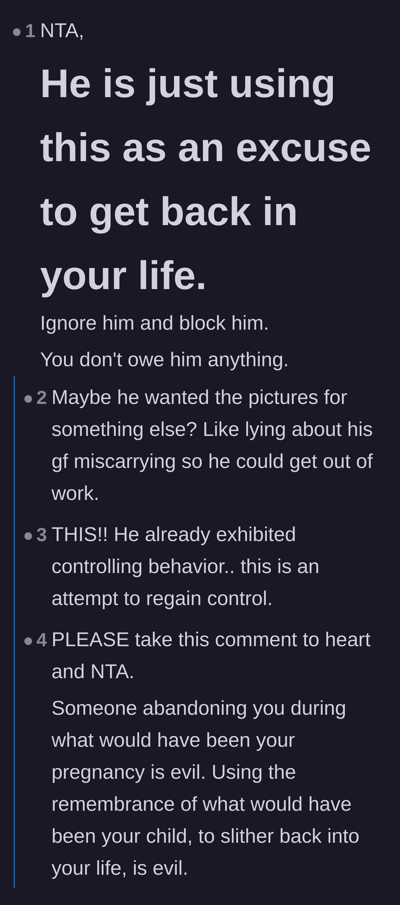 Comment thread 1 - Readers speculating that the ex-boyfriend is using the sonogram photos for a manipulative agenda or to regain control.