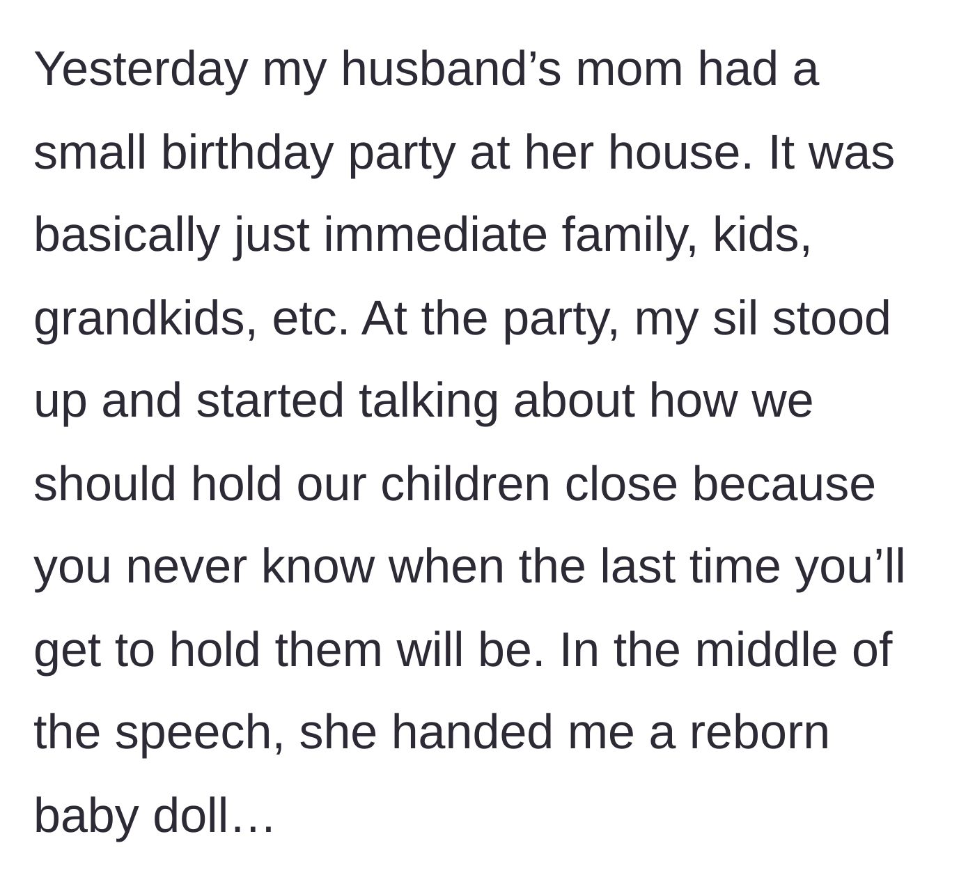 Story part 2 - The sister-in-law stands up at a family birthday gathering to give a dramatic speech, unexpectedly handing the mother a wrapped bundle.