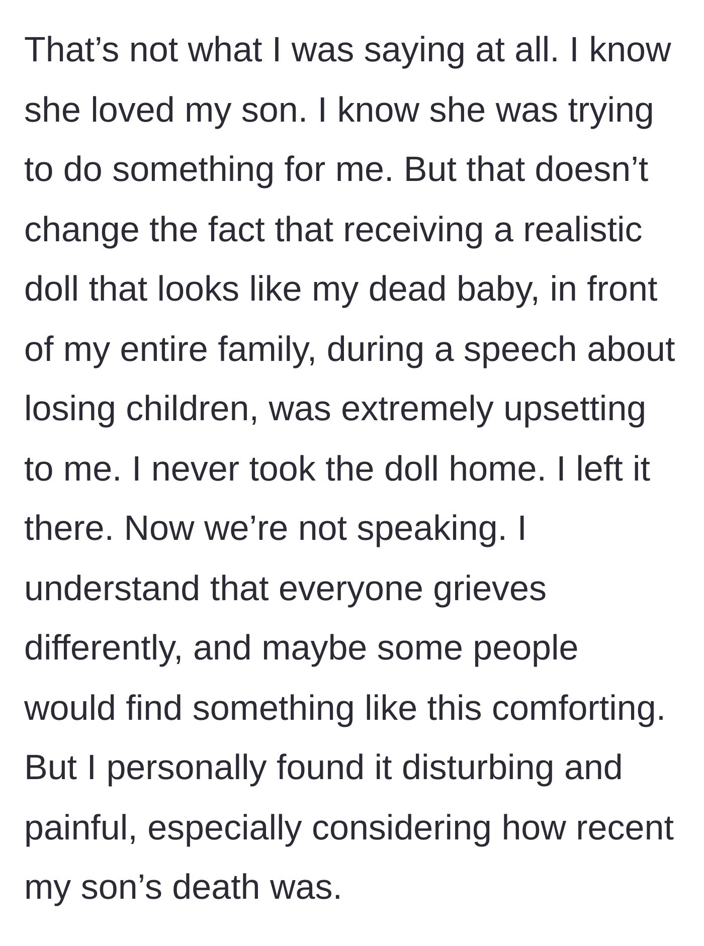 Story part 5 - The mother decides to leave the replica doll behind and ultimately cuts contact with her sister-in-law to protect her own emotional survival.